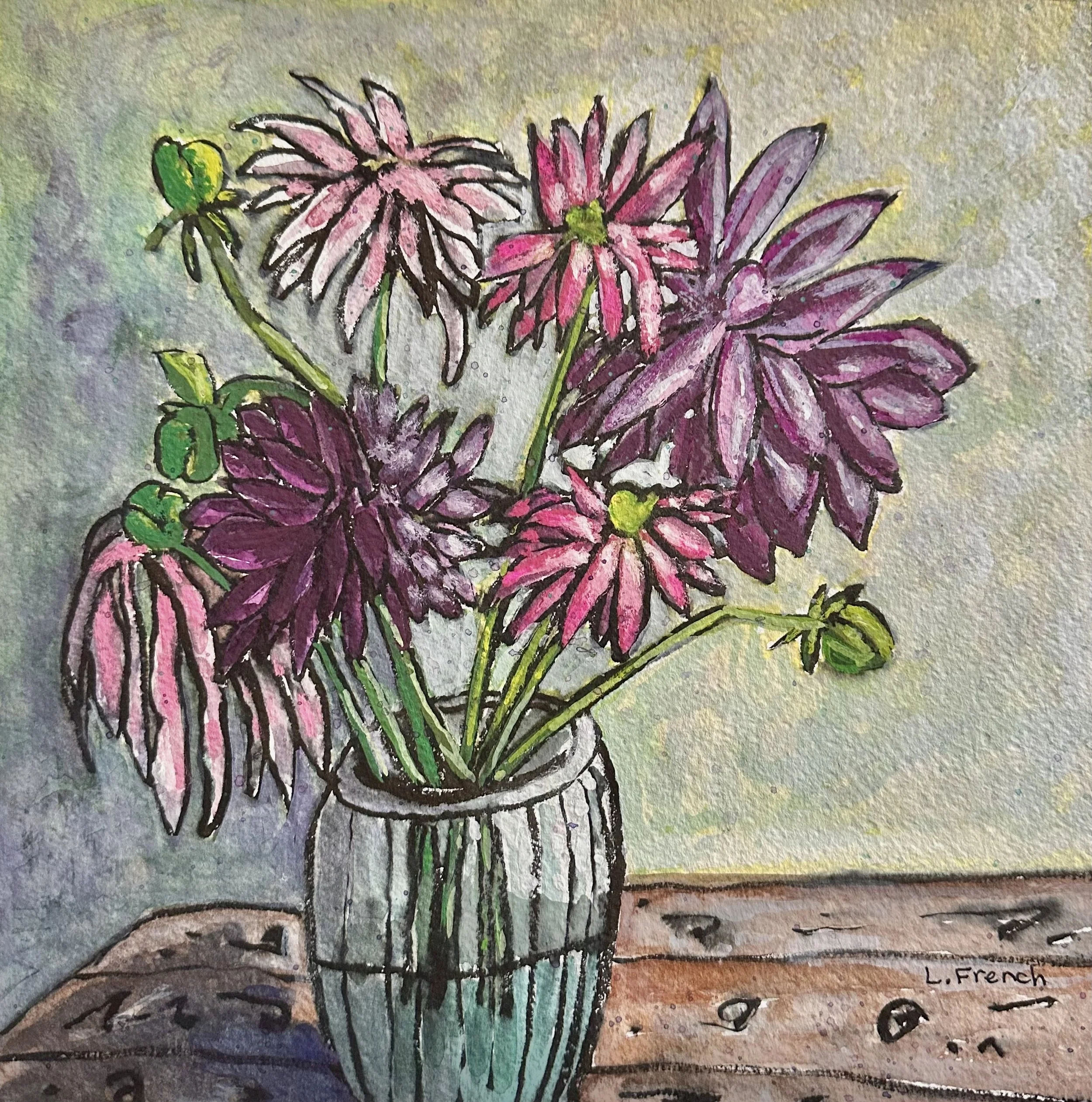 Floral 1 |  10x10"  Framed Watercolour and Gouache on paper by Linda French