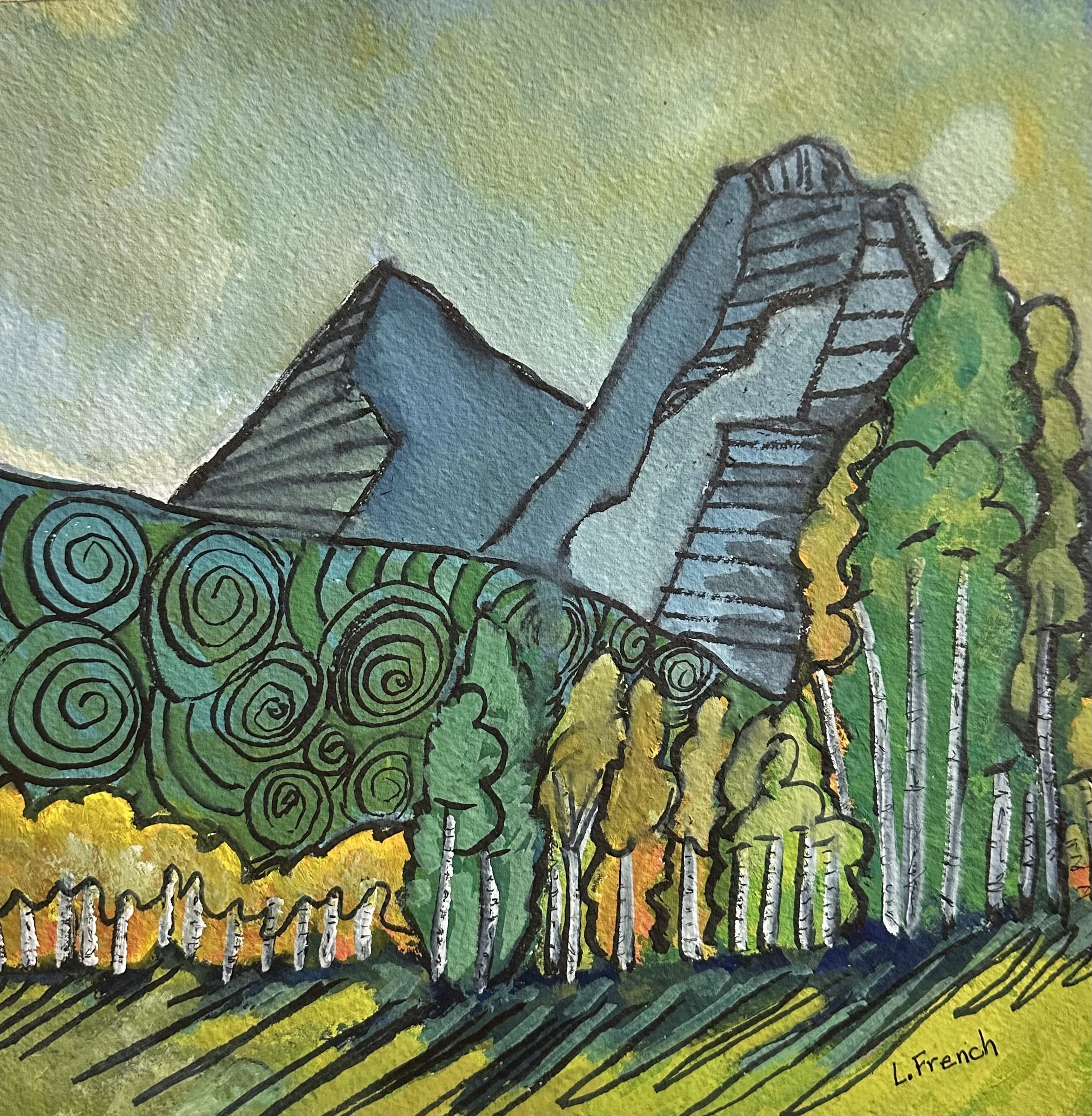 Landscape 1 |  10x10" Framed Watercolour and Gouache on paper by Linda French