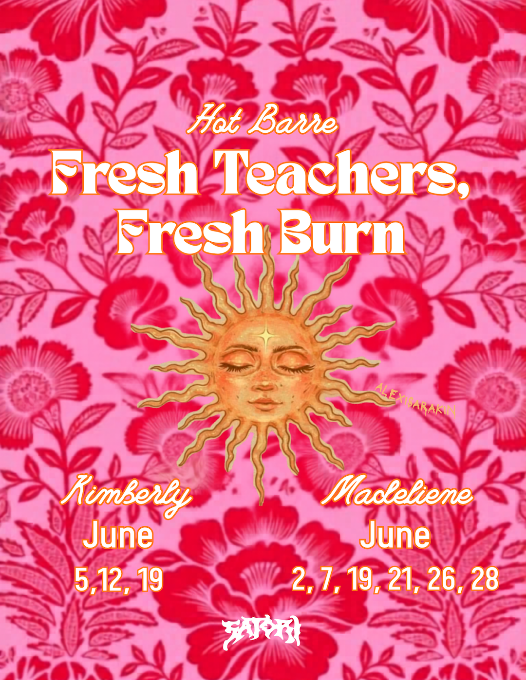 Hot Barre - Fresh Teachers, Fresh Burn. Barre with Kim on June 5th, 12th, and 19th. Barre with Madeleine on June 2nd, 7th, 19th, 21st, 26th, and 28th. Times vary.