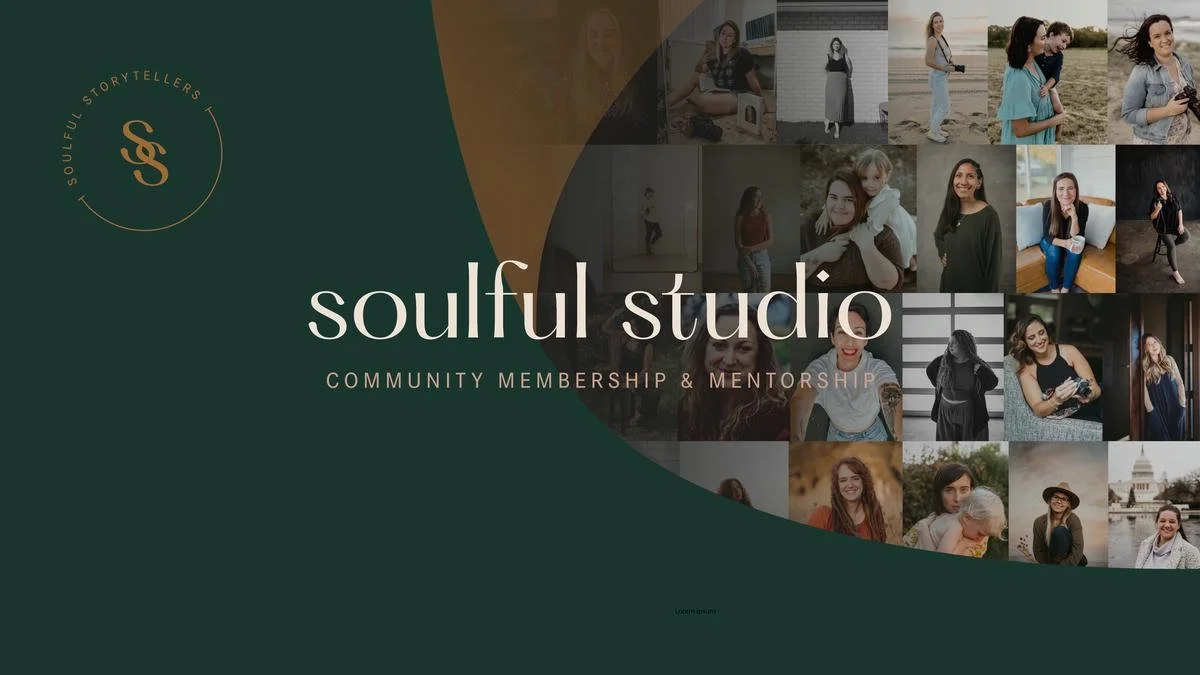 Soulful Storytellers standalone community membership graphic featuring montage of community members overlayed by Forest Green background and Golden Tan logo