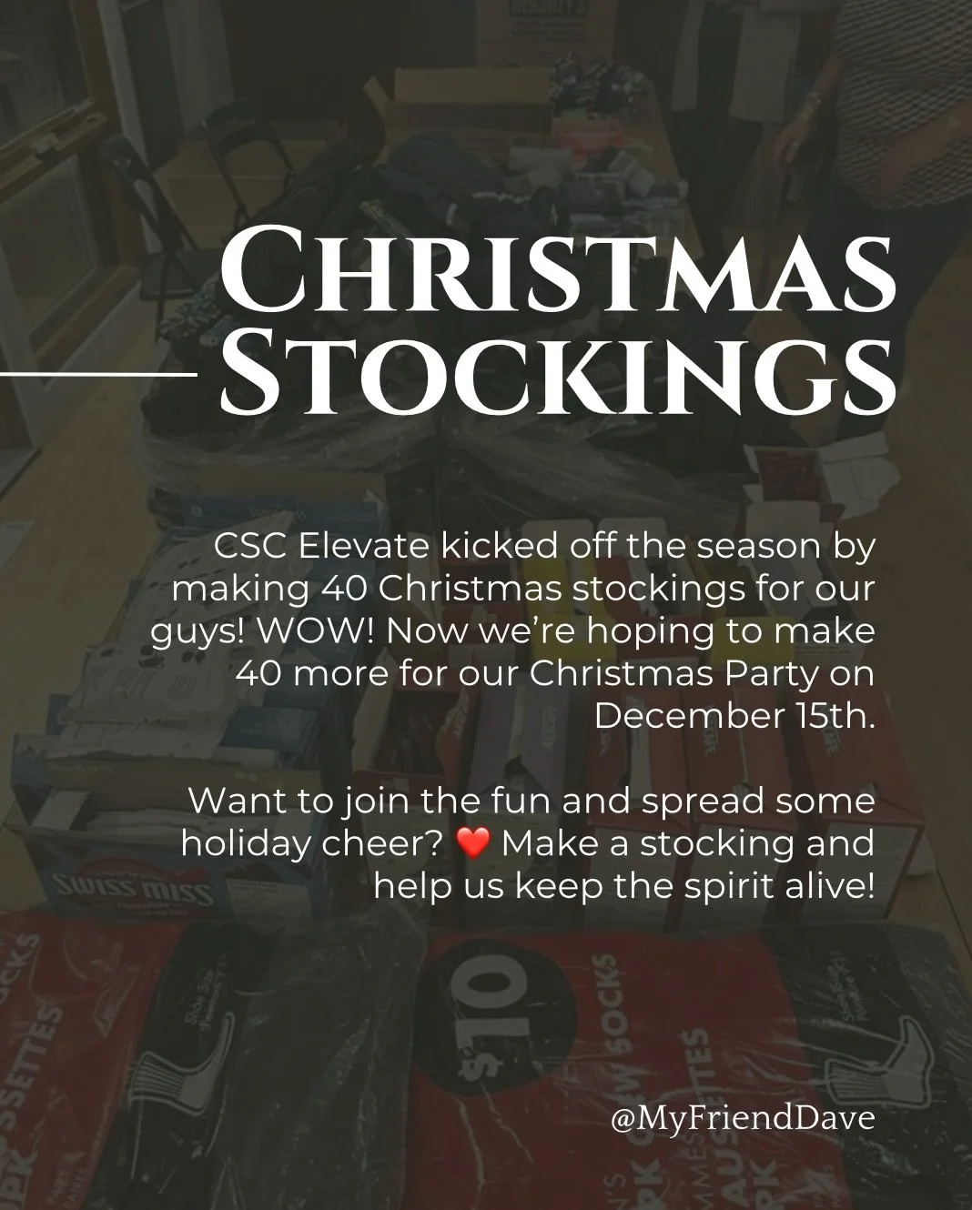 We are so grateful for our incredible friends at CPC Elevate and their VERY generous donation of 40 Christmas stockings for our guys!!

We would love to have another 40 stockings done up by December 15th for our annual Christmas party!

If you would 