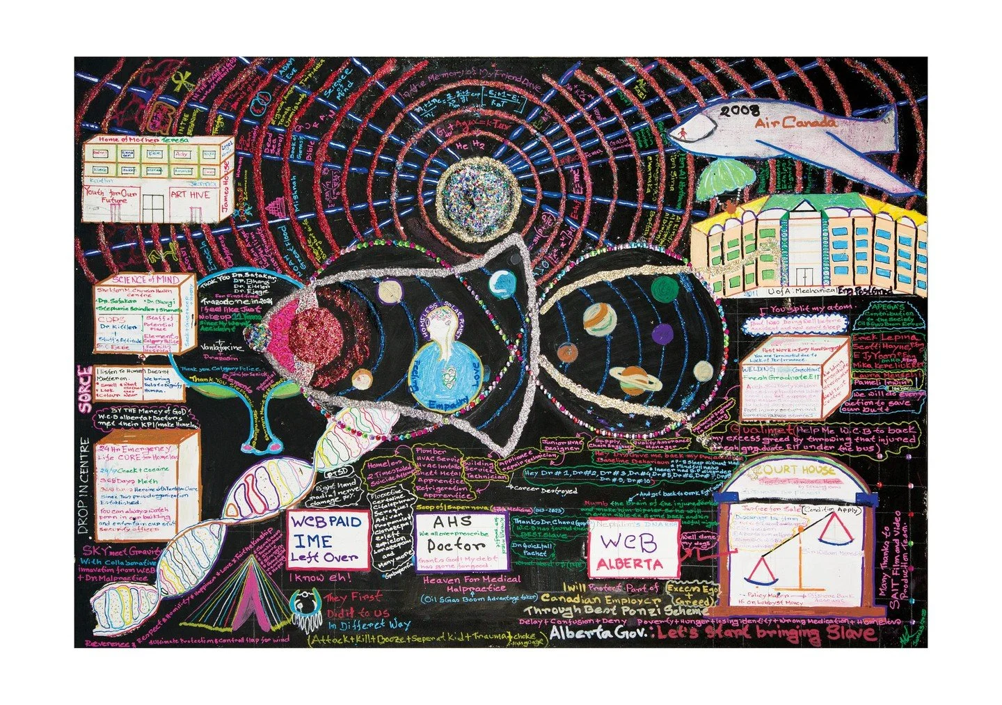 Annonymous⁠
Why? (2025)⁠
Posca Pens, Sharpie, Acrylic, Modge Podge, Glitter and Pencil on Hand Stretched Canvas⁠
3ft x 4ft⁠
⁠
My Art is describing my journey in Alberta Canada. I arrived as an International student at University of Alberta with a fam