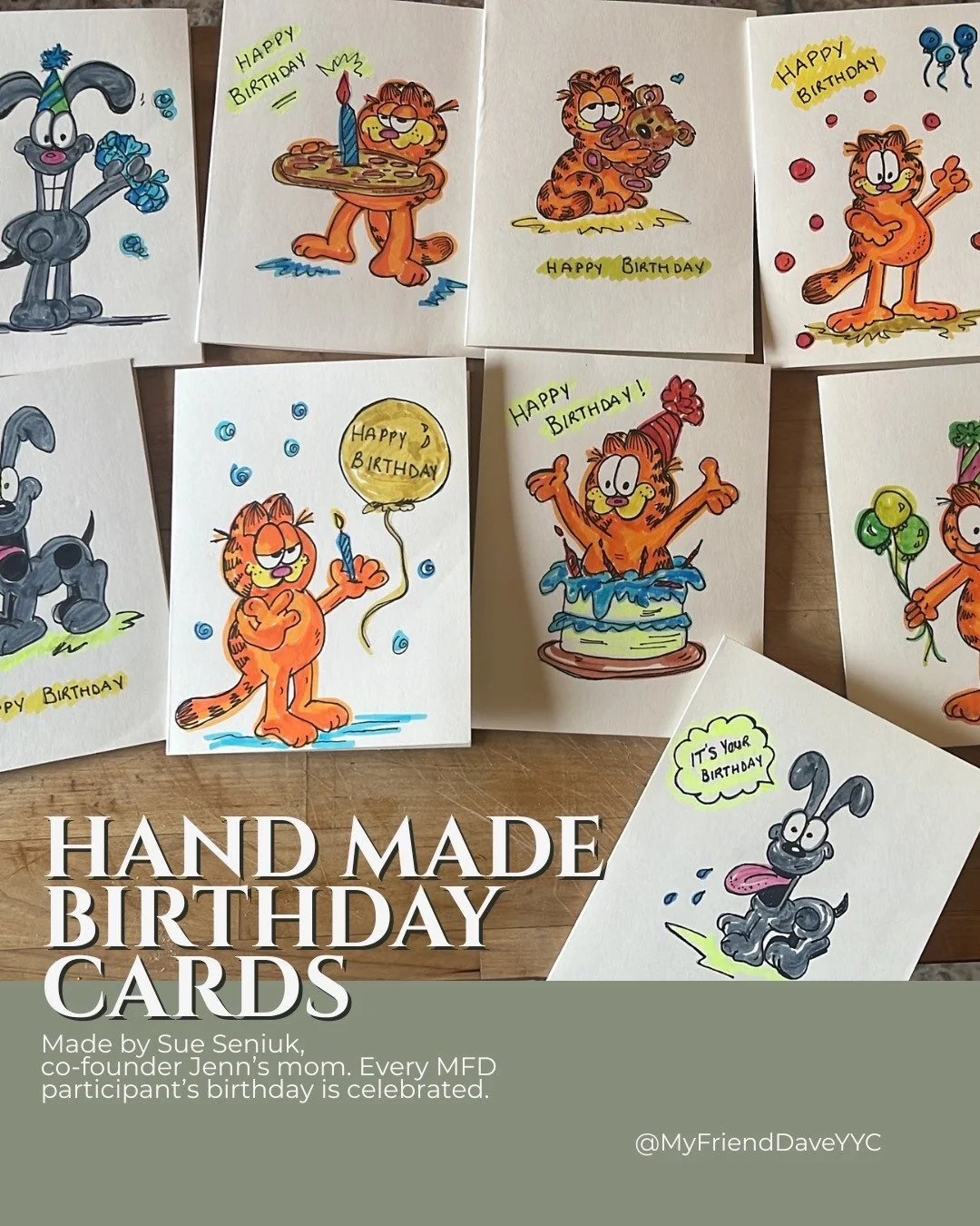 Handmade birthday joy 🎉💛 Thank you to Sue Seniuk for creating birthday cards for everyone at MFD! ⁠
⁠
A lot of our folks have not celebrated a birthday in many many years. So we make sure that folks are celebrated at My Friend Dave. Every birthday,