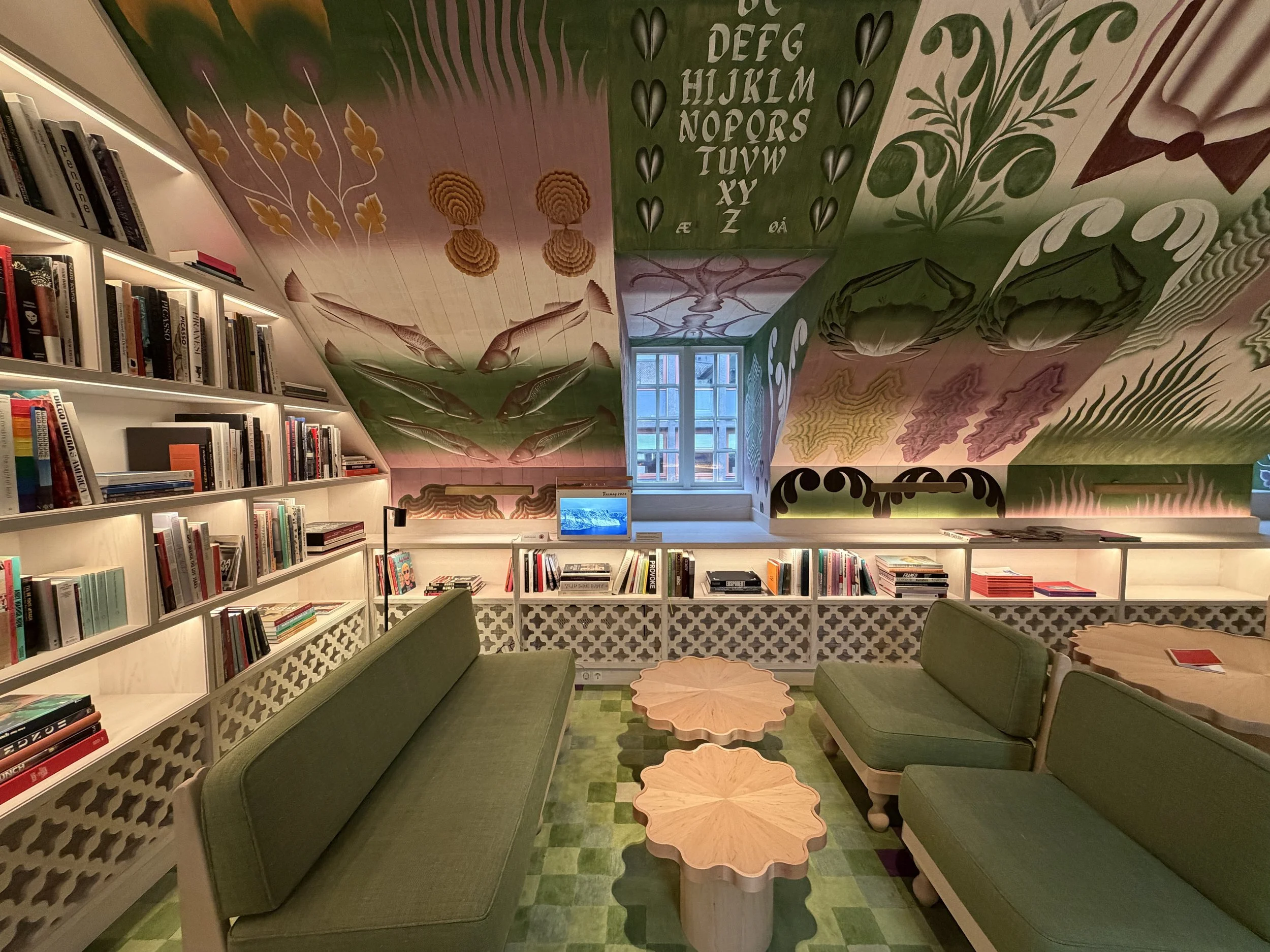 Site specific installation of Fjordblasters No. 1-3, PoMo Museum Reading Room, Trondheim, Norway [Building designed by India Mahdavi Studio] 
