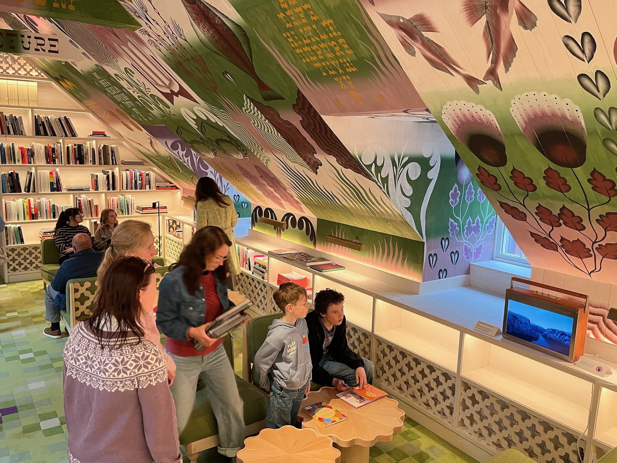 Site specific installation of Fjordblasters No. 1-3, PoMo Museum Reading Room, Trondheim, Norway. [Building designed by India Mahdavi Studio] 