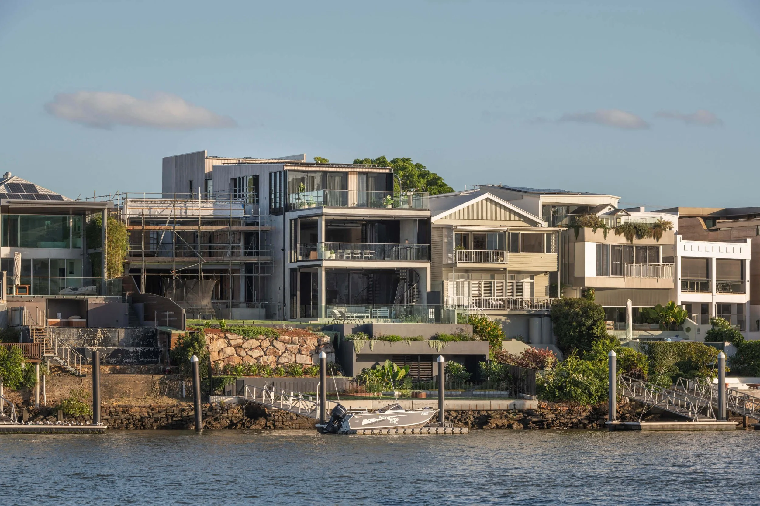 Akuna Laidlaw home East Brisbane - riverfront view of house. Interiors by Borgeaud Interiors.