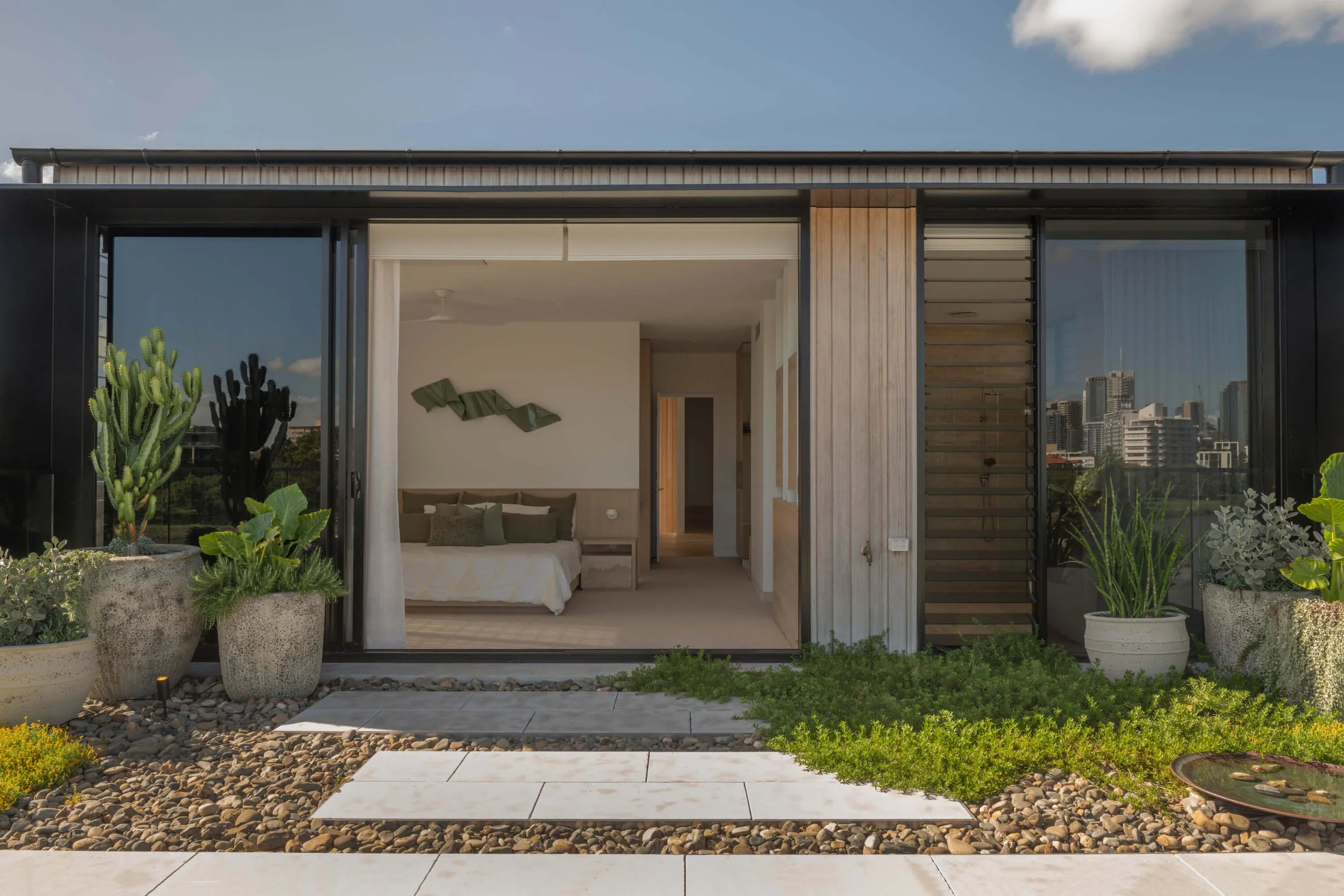 Akuna Laidlaw home East Brisbane - bedroom courtyard. Interiors by Borgeaud Interiors.