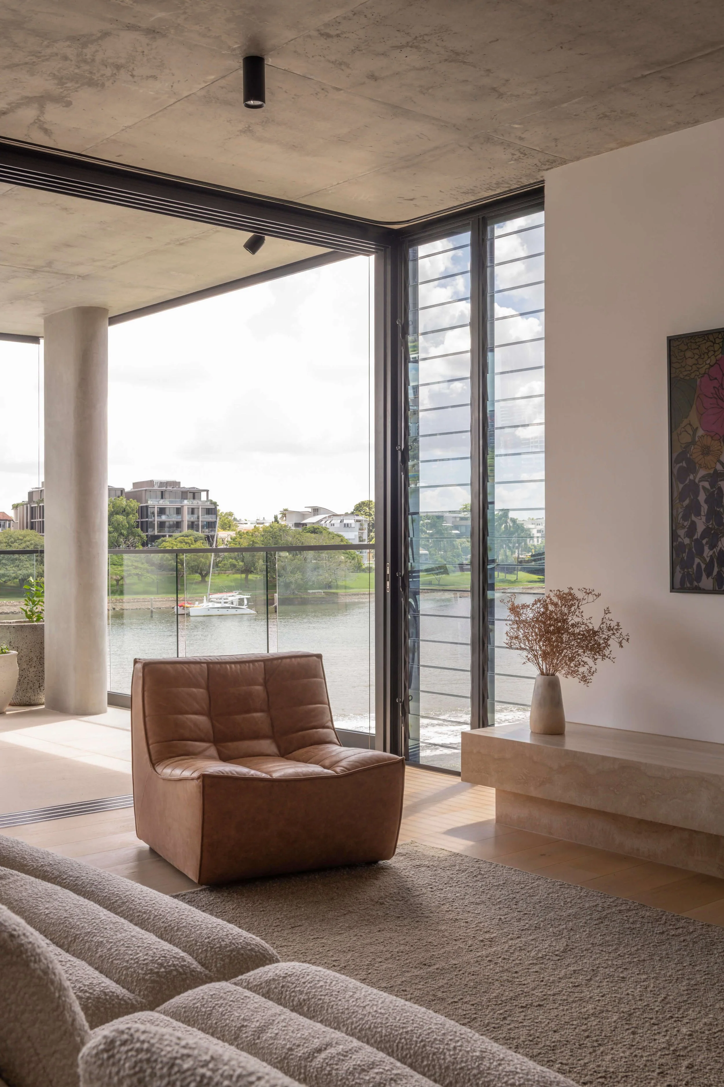 Akuna Laidlaw home East Brisbane - living room lounges. Interiors by Borgeaud Interiors.
