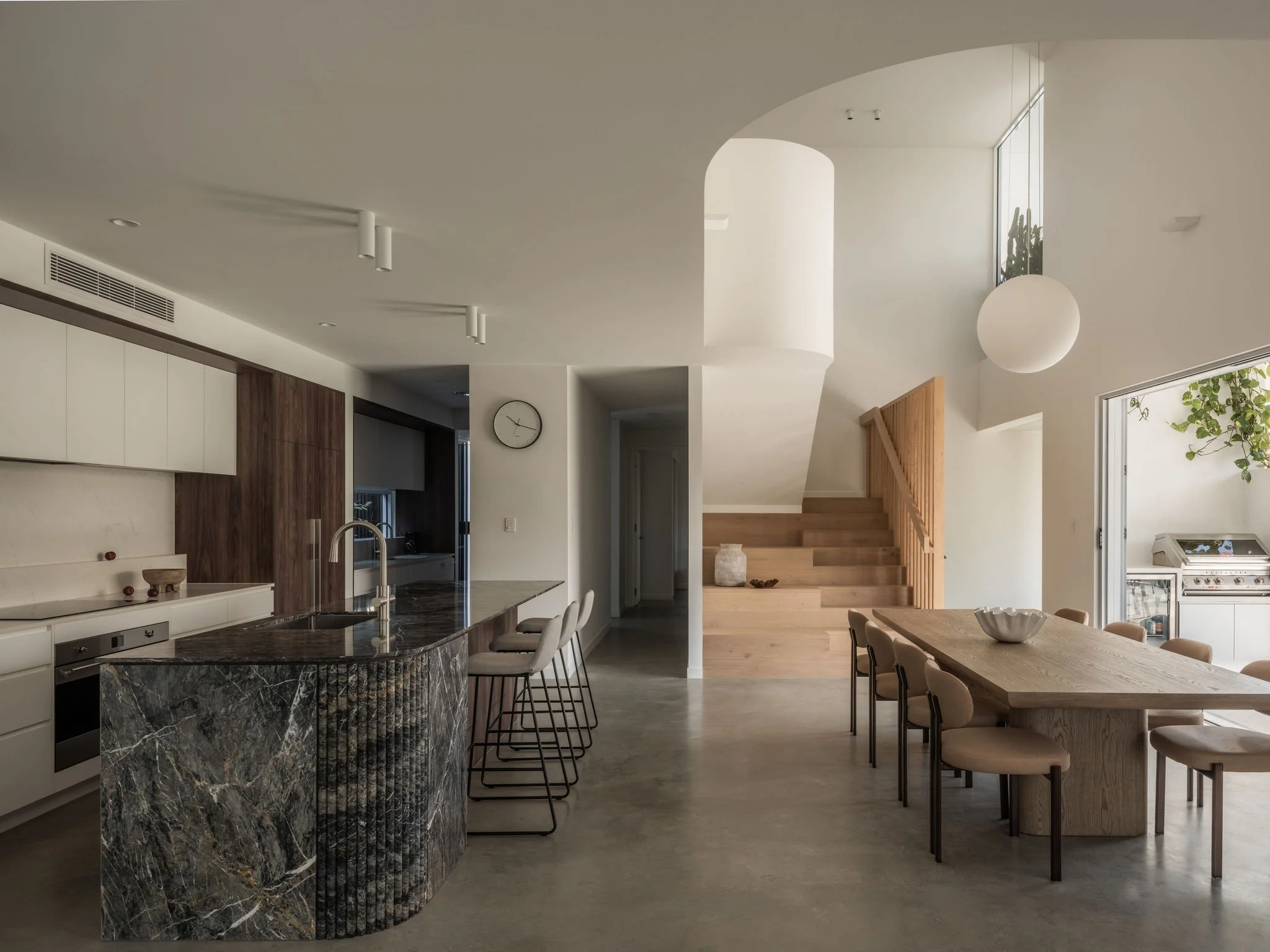 Parklane Place home Bulimba - open plan kitchen and dining. Interiors by Borgeaud Interiors.