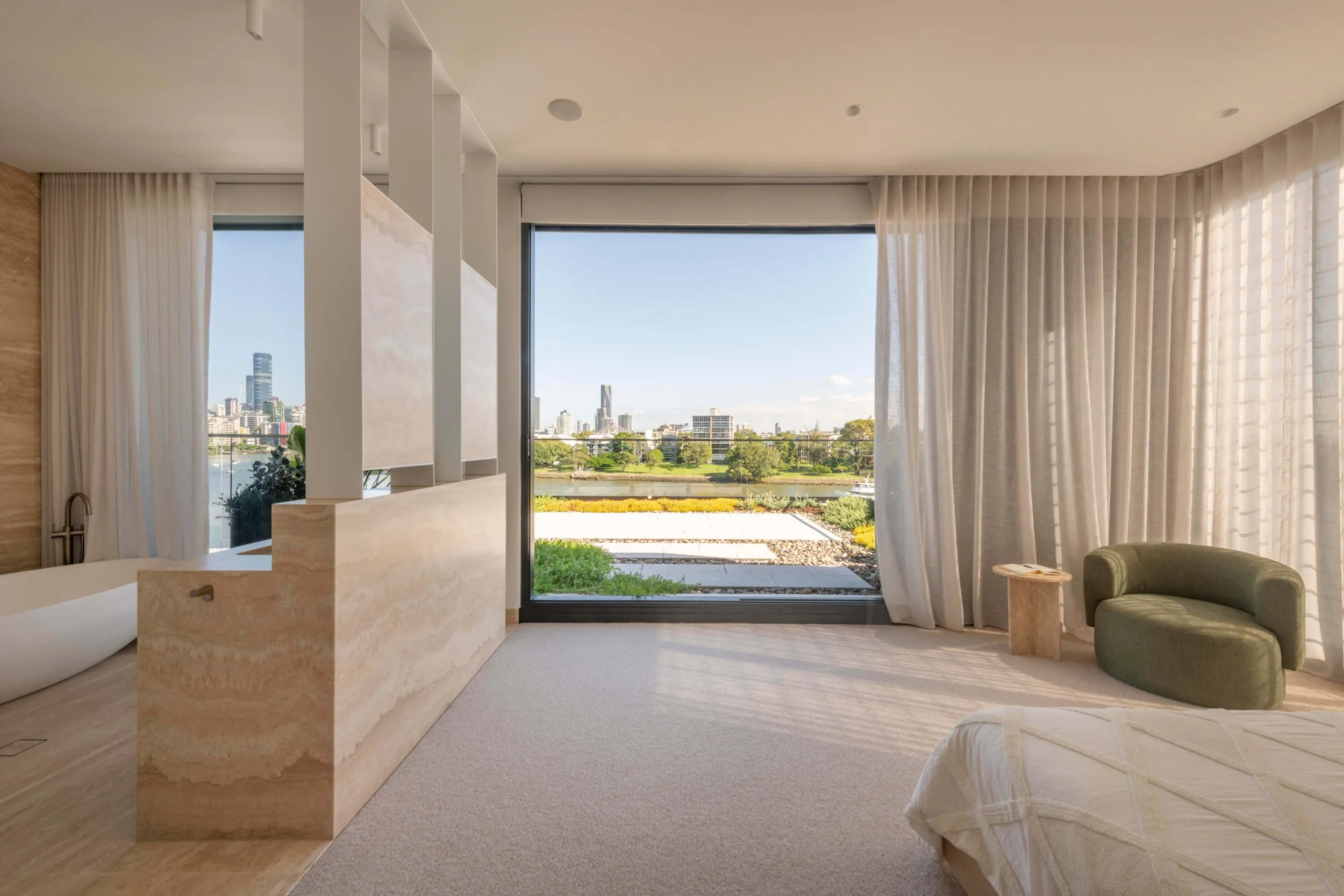 Akuna Laidlaw home East Brisbane - master bedroom and ensuite. Interiors by Borgeaud Interiors.
