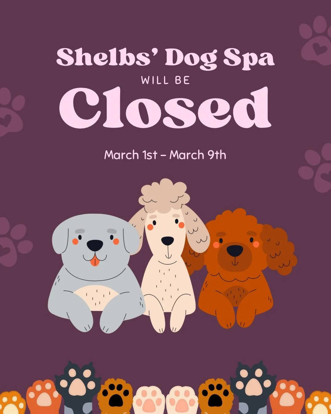 🐾 Shelbs&rsquo; Dog Spa will be CLOSED 🐾
📅 March 1st &ndash; March 9th

I&rsquo;ll be on vacation during this time and will not be grooming. My schedule has been very full, so if you message the page, please allow extra time for a response. I prom