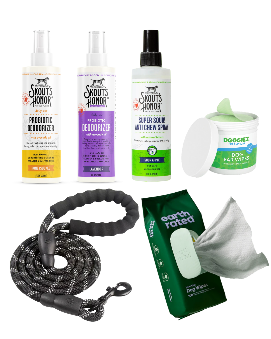 Dog grooming products including probiotic deodorizers in spray bottles, a super sour anti-itch spray, dog ear wipes, a grooming leash, earth-rated lavender dog wipes, and grooming wipes in a container.