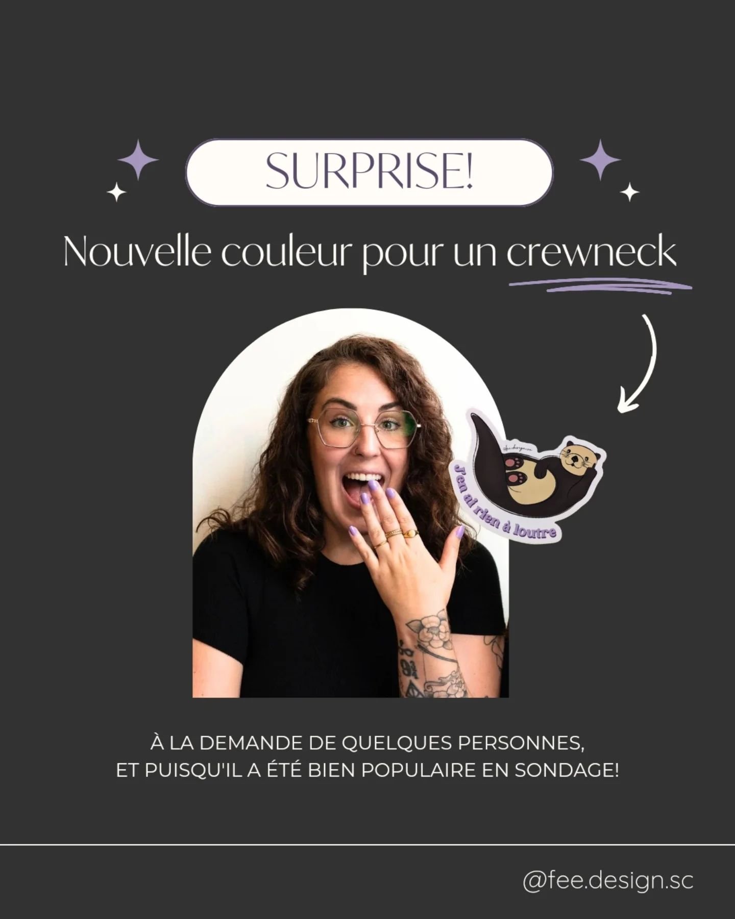 Parce que j&rsquo;aime les surprises et en offrir 🤩

J&rsquo;offre finalement l&rsquo;illustration J&rsquo;en ai rien &agrave; loutre 🦦🖕🏼 sur l&rsquo;option d'un crewneck noir!

Cette couleur a grandement fait sa place dans les votes, toutefois, 