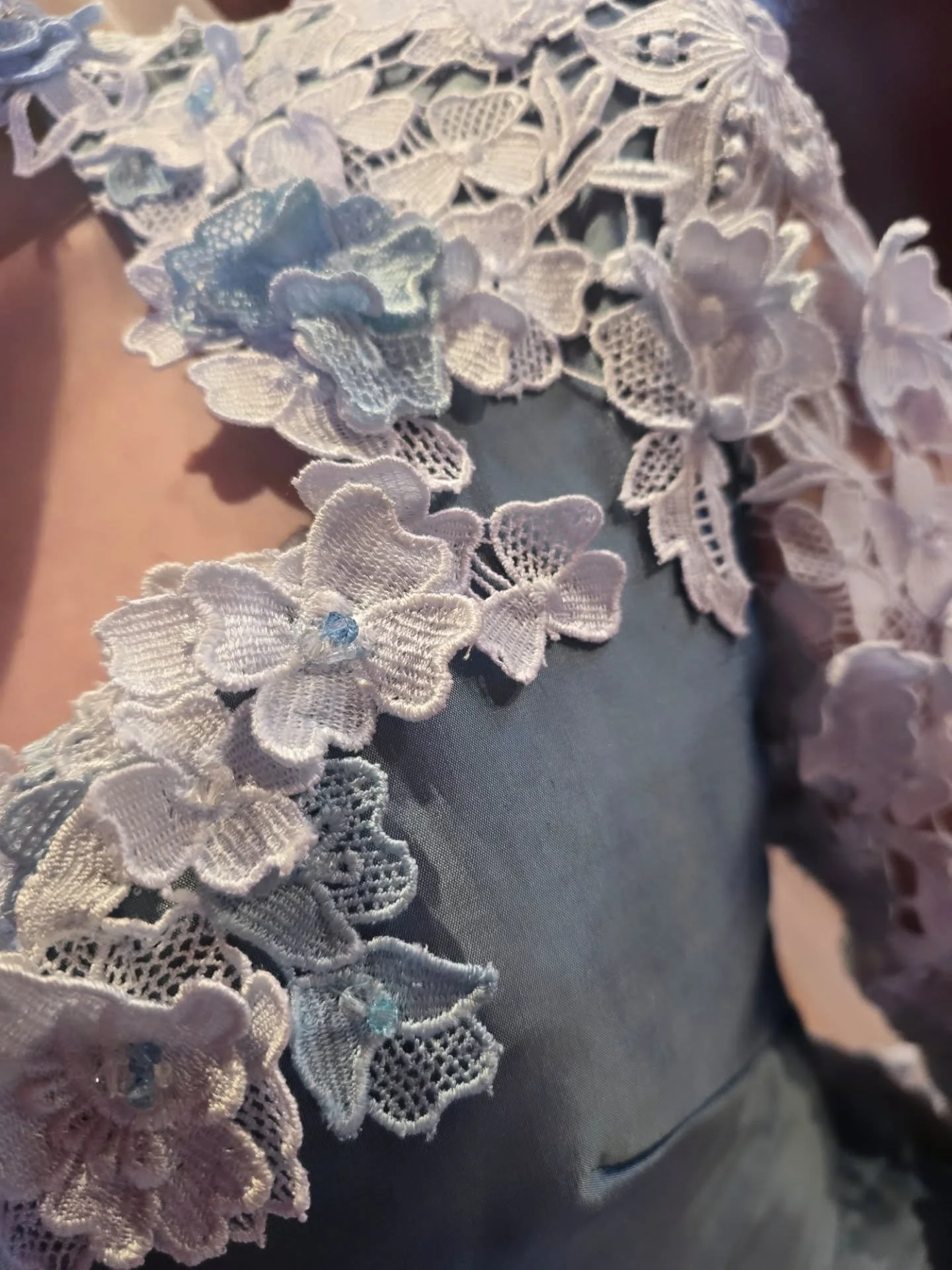 Tones of Blue for our bride Michelle 🩵💙🩵 #couturedetails This gorgeous detail is from her teal coat. The silk has been embelished with four shades of hand dyed guipre lace, creating beautiful texture. Crystal hand beadinging as the finishing touch