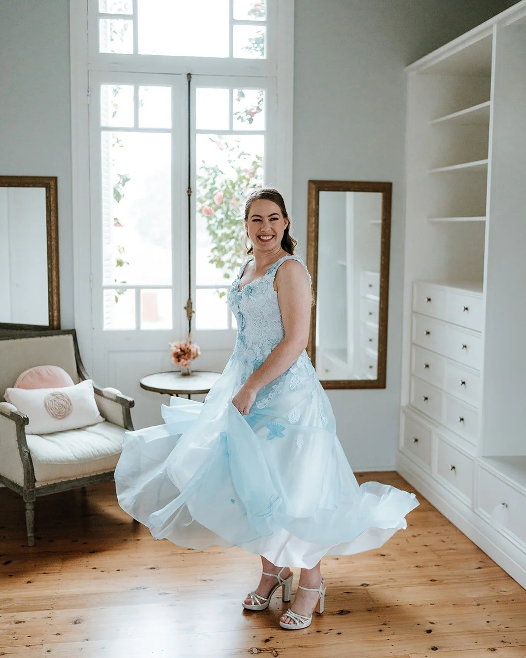 Tones of Blue for our bride Michelle 💙 These gorgeous images show off the two pieces of her beautiful custom dress and wedding coat. The layers of silk on the two pieces were embellished with four shades of hand dyed guipure lace, creating beautiful