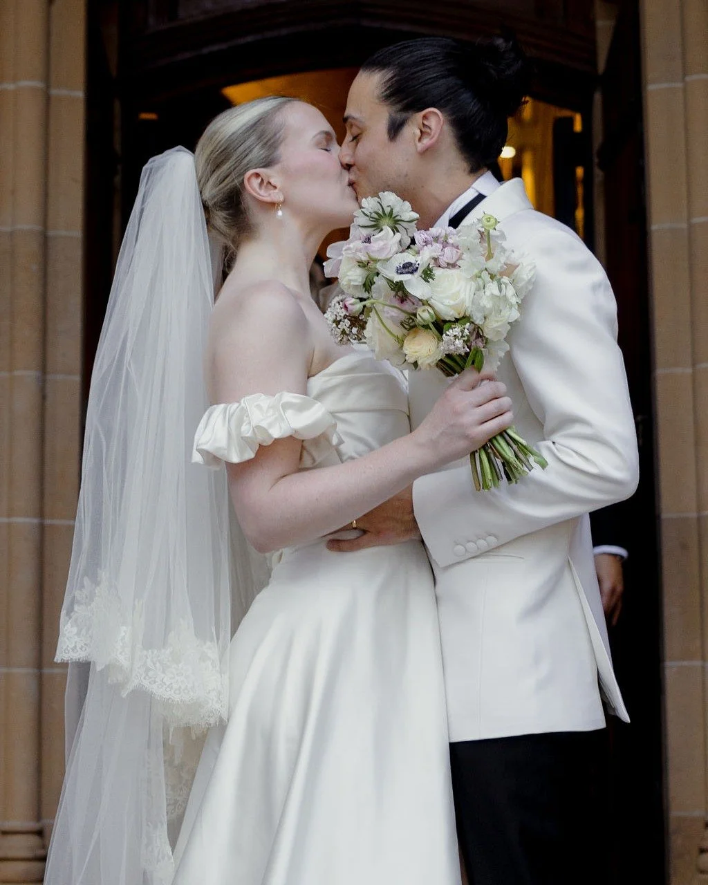 Annabel and Pat π€ Annabel wore a stunning #customlouisealvarez silk Dutchess satin gown, which featured hand draped corsetry, a full flowing satin skirt, and detachable sleeves. We completed her look with a lace edged, Cathedral length veil Xx @zacm