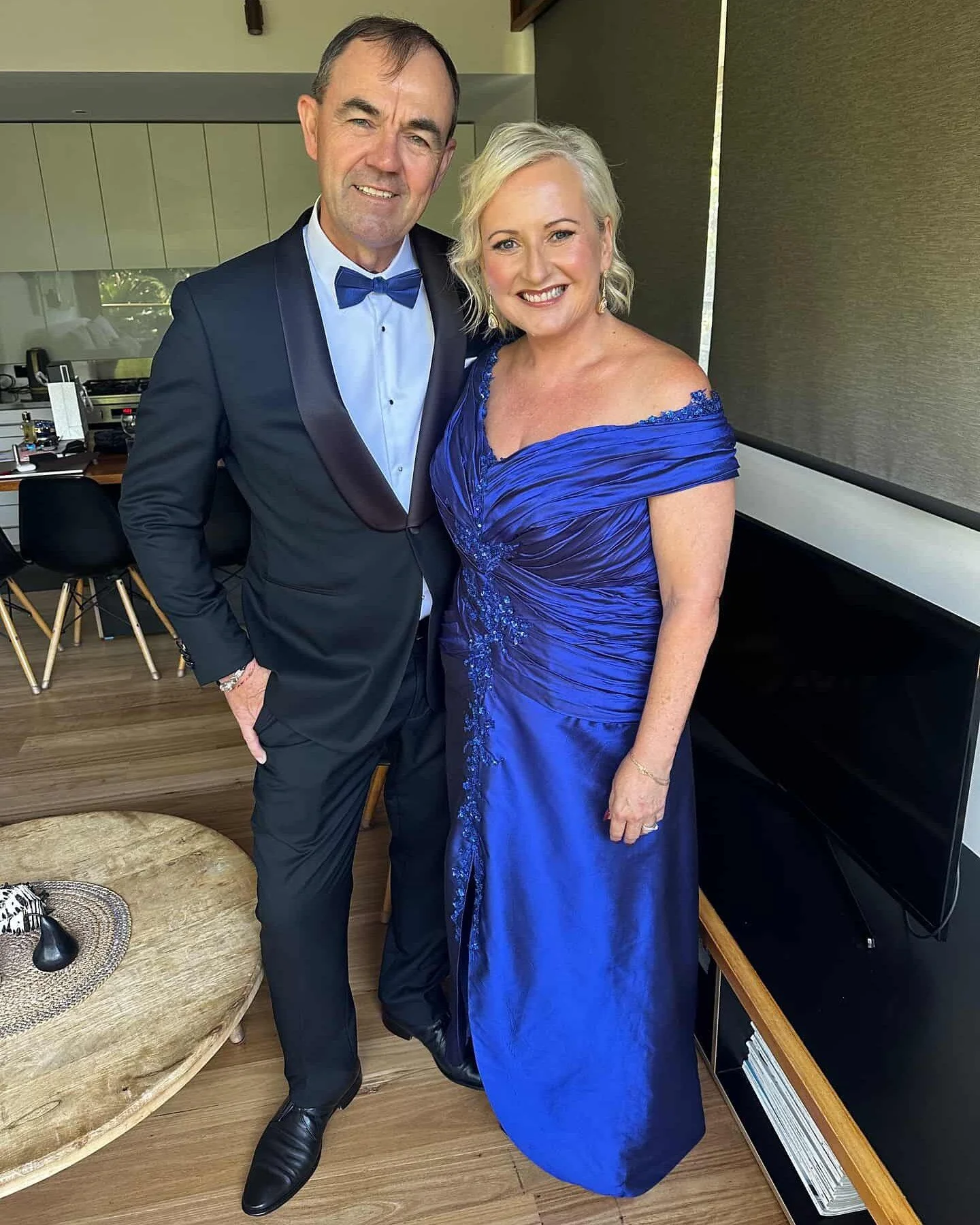 Our Lovely bride Jacqui first wore this beautiful blue custom gown for at her destination Bali wedding last January, she was excited to share this photo of herself and her husband at his sons black-tie wedding last weekend. We love it when our brides