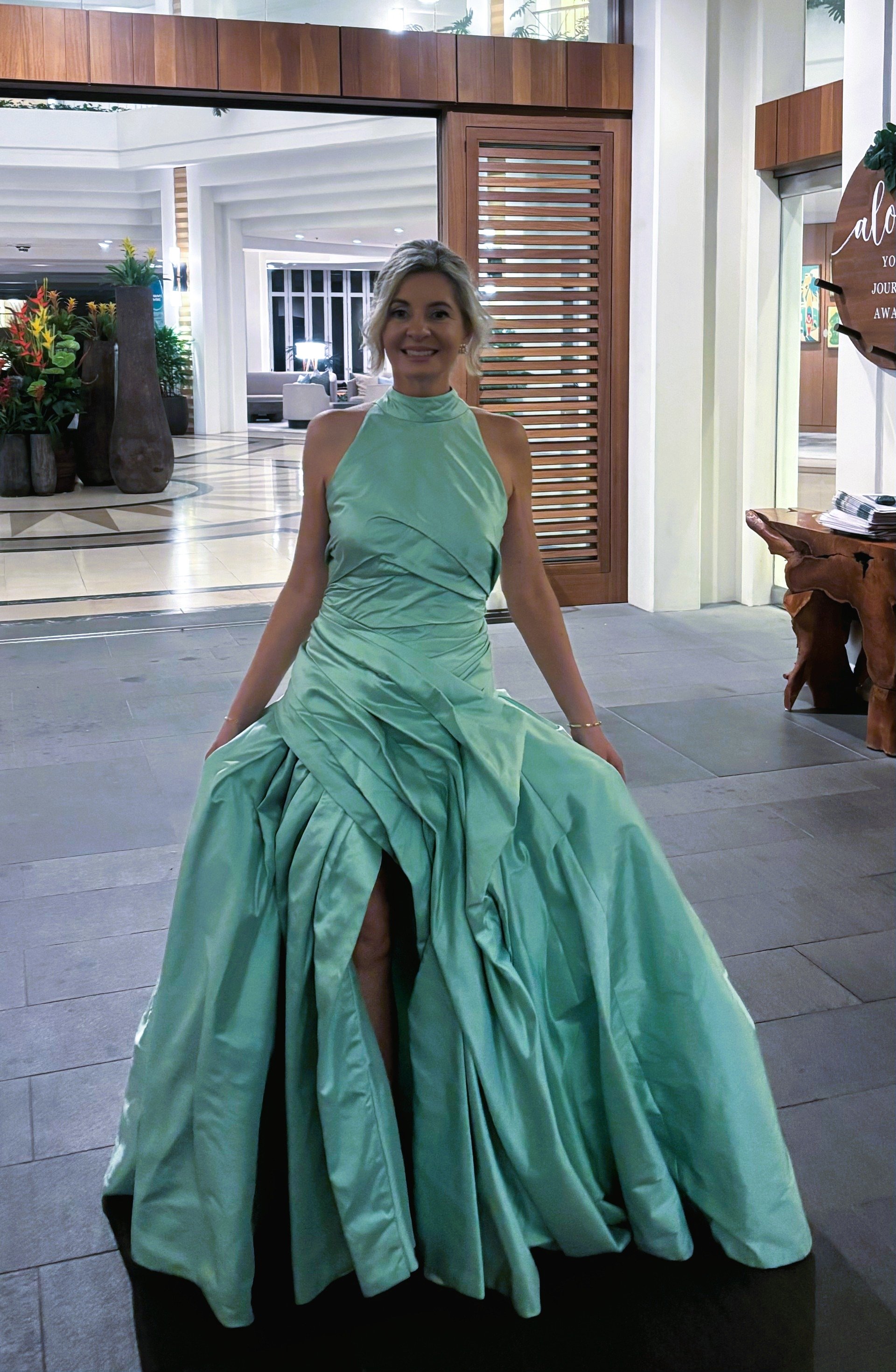 Mother of the bride Kristine in peppermint silk dupion 