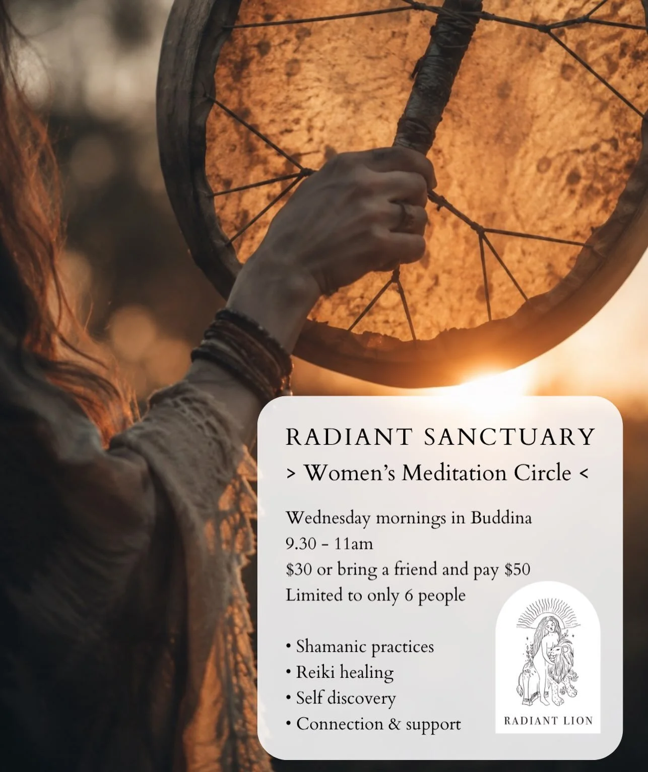Hi lovely souls, I am starting up a small women&rsquo;s meditation circle, called Radiant Sanctuary, each Wednesday morning in Buddina. 1.5 hours of gentle ceremony, guided meditation with reiki healing, some shamanic practice and a chance to deepen 