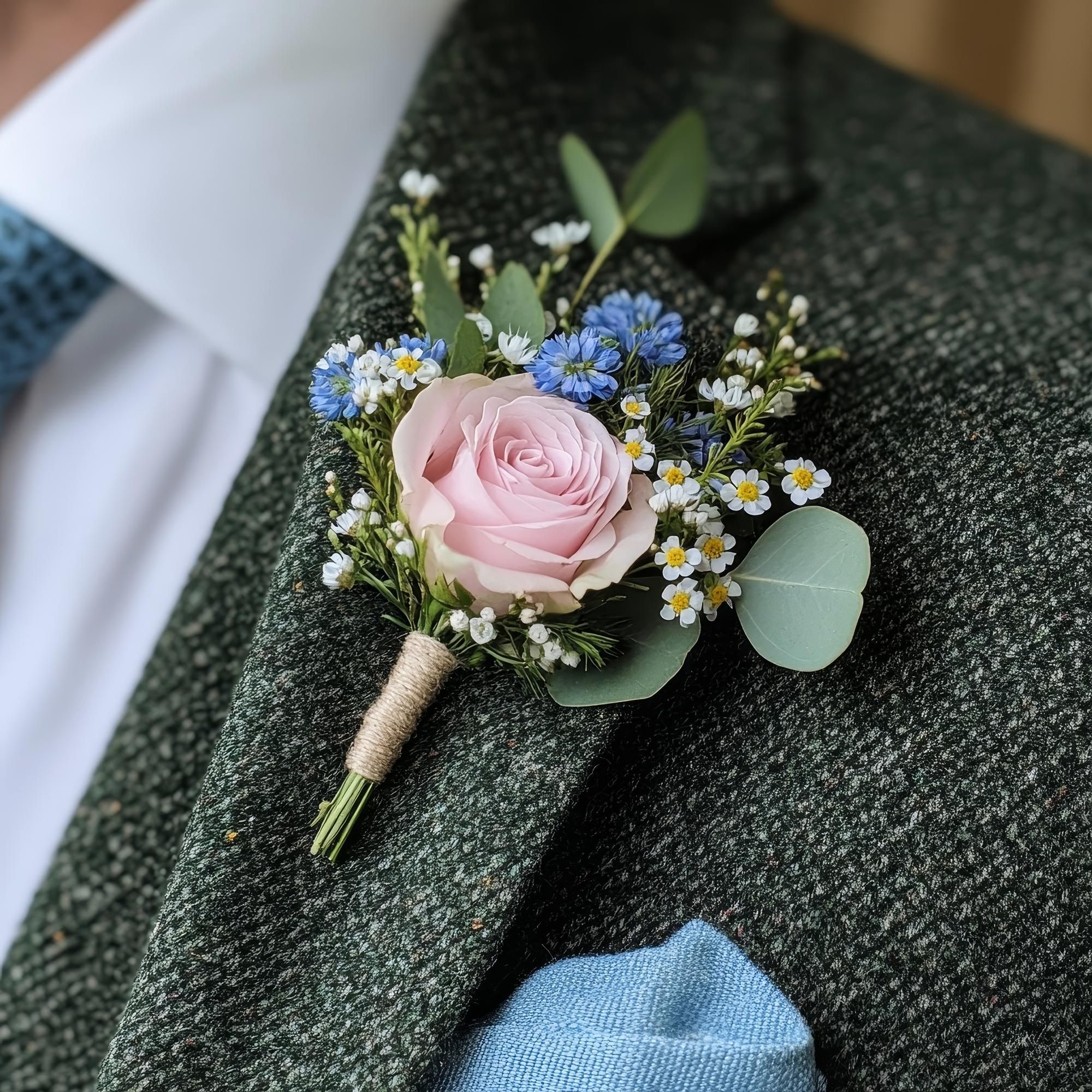 Groom's wedding corsage featuring a soft pink rose, baby's breath and blue wildflowers