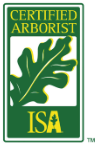 CERTIFIED ARBORIST ISA logo with green leaf and white background