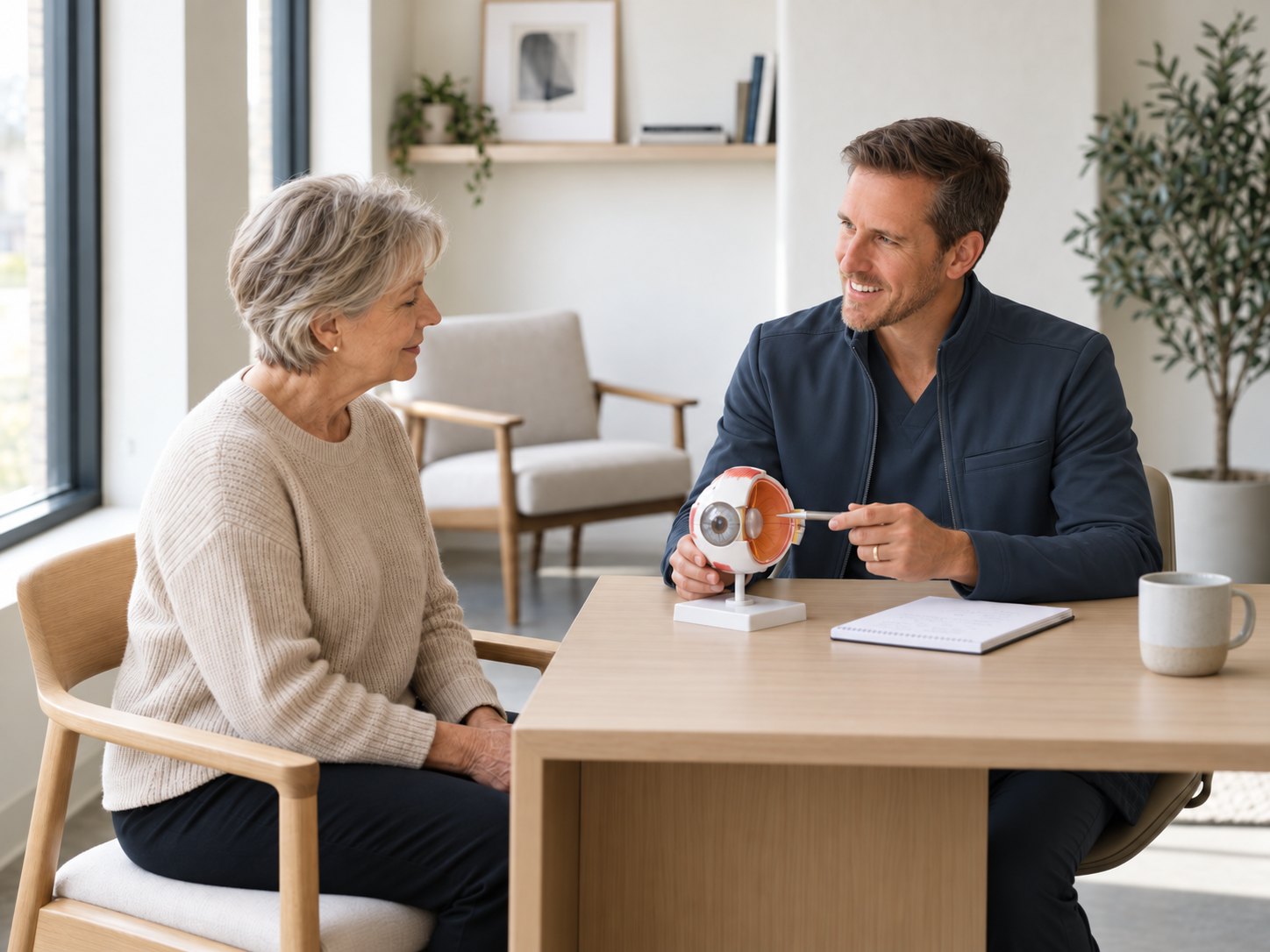 Optometrist explaining an eye anatomy model to an older woman in a bright office