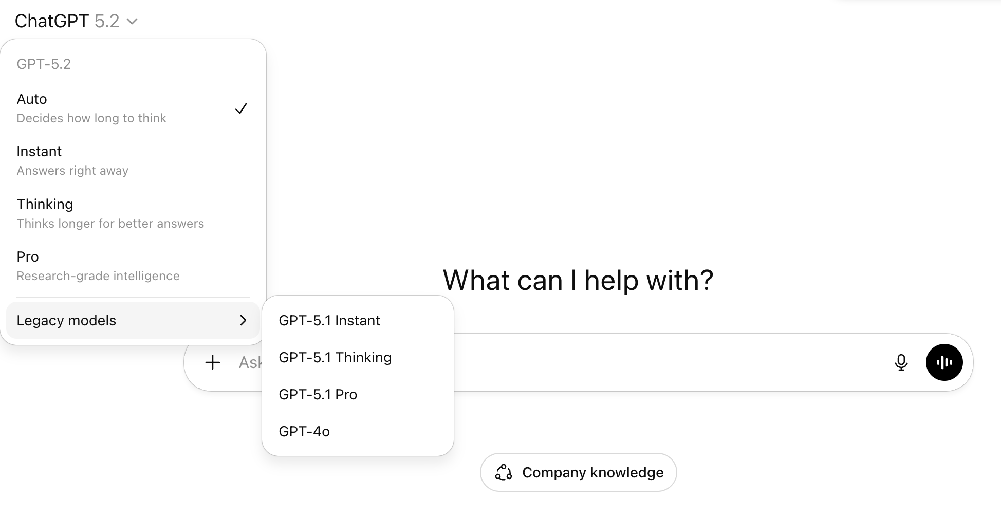 Screenshot of ChatGPT model options on a paid account