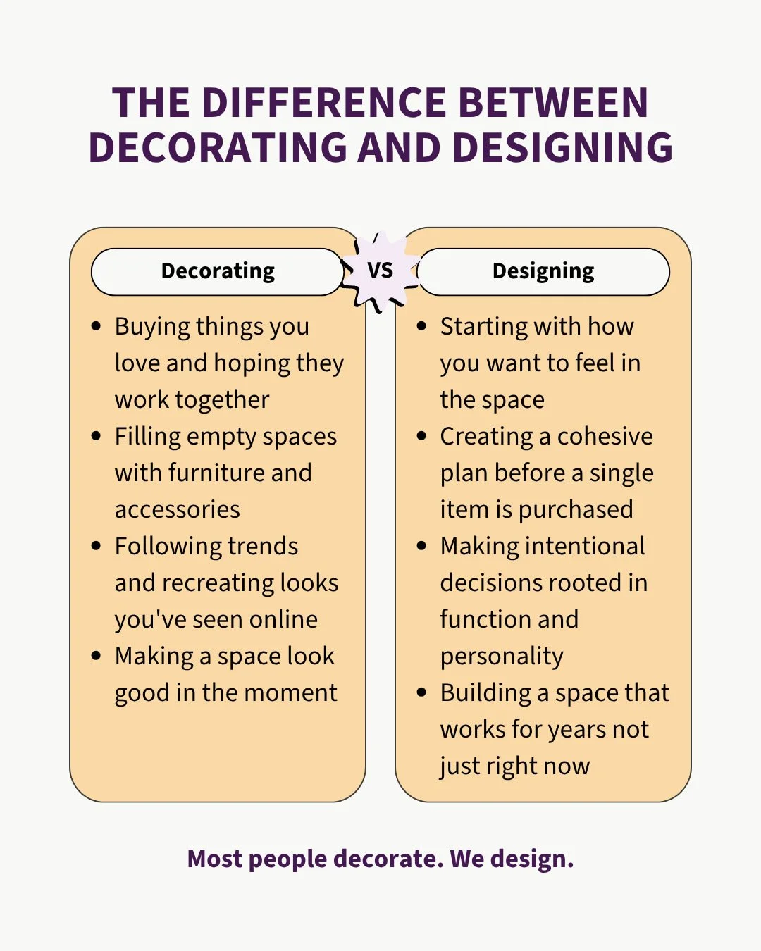 There is nothing wrong with decorating. But if you have been at it for a while and something still feels off, this might be why. 

Design starts before anything goes in the cart. It starts with a conversation about how you want to live, how you want 