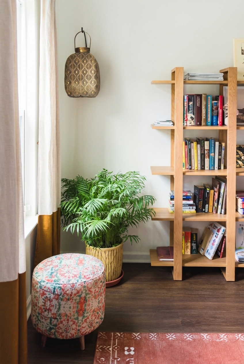 Interior of a cozy corner with a potted green plant, a colorful upholstered ottoman, a wooden bookshelf filled with books, and a decorative wall hanging lamp near a window with beige curtains.