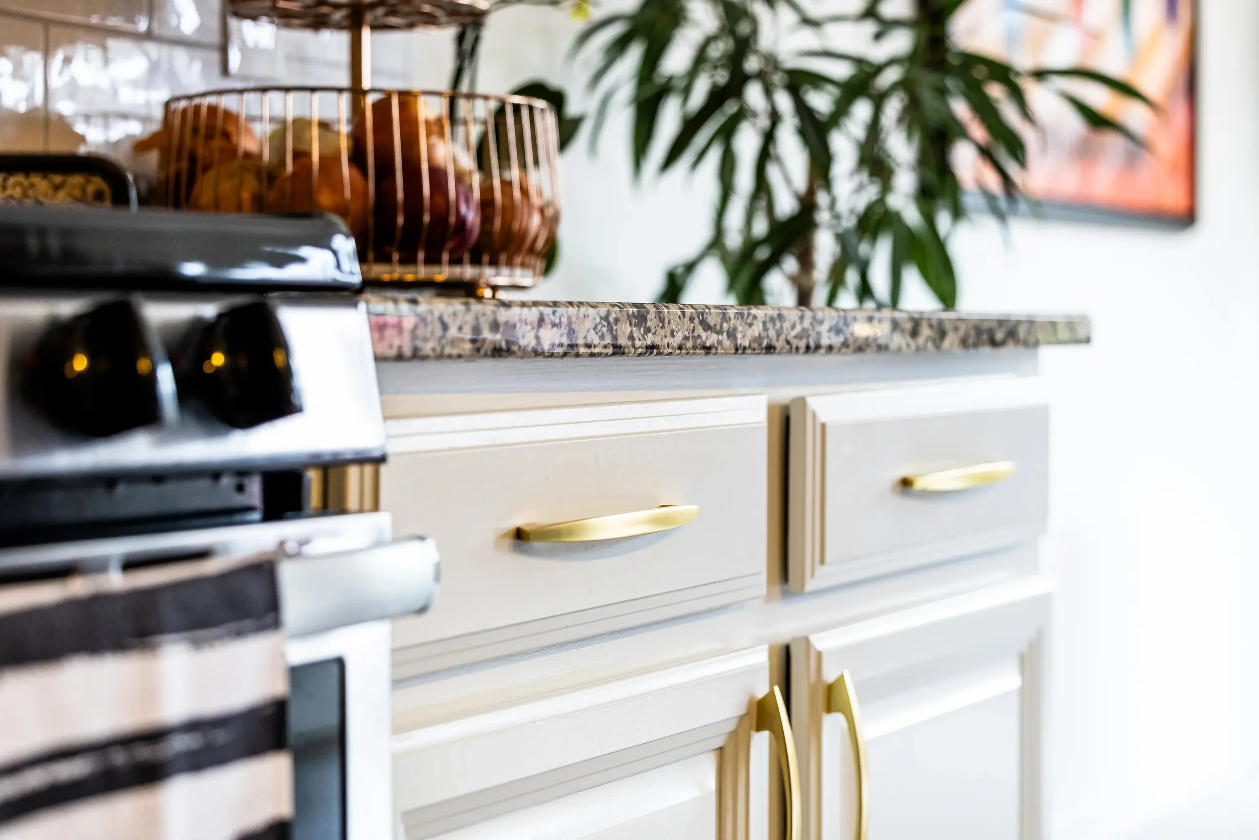 Close-up of a kitchen countertop with a wire basket filled with fruits and vegetables, such as apples and garlic, and part of a stove visible in the foreground, with a large green plant and framed artwork in the background.