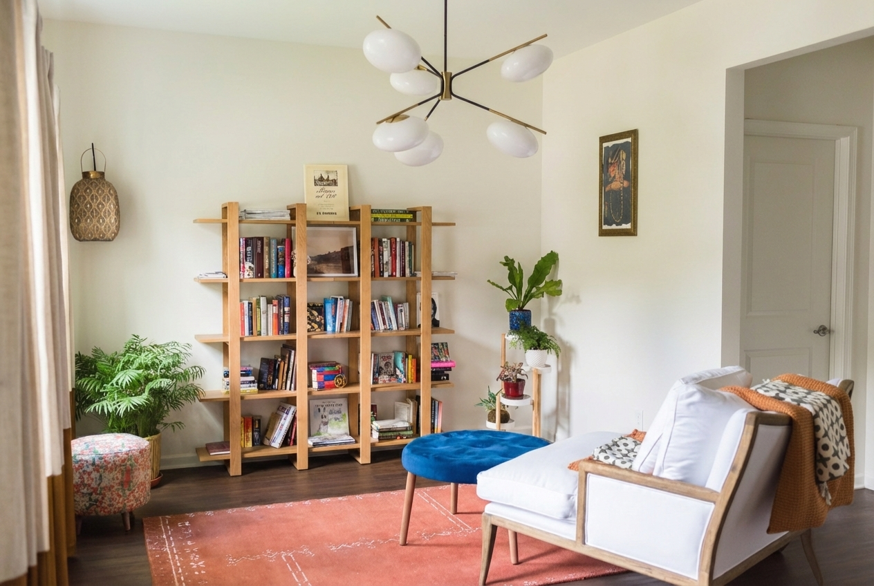 Living room with a wooden bookshelf filled with books, a white couch with pillows, a blue ottoman, potted plants, a coral rug, and a modern chandelier.