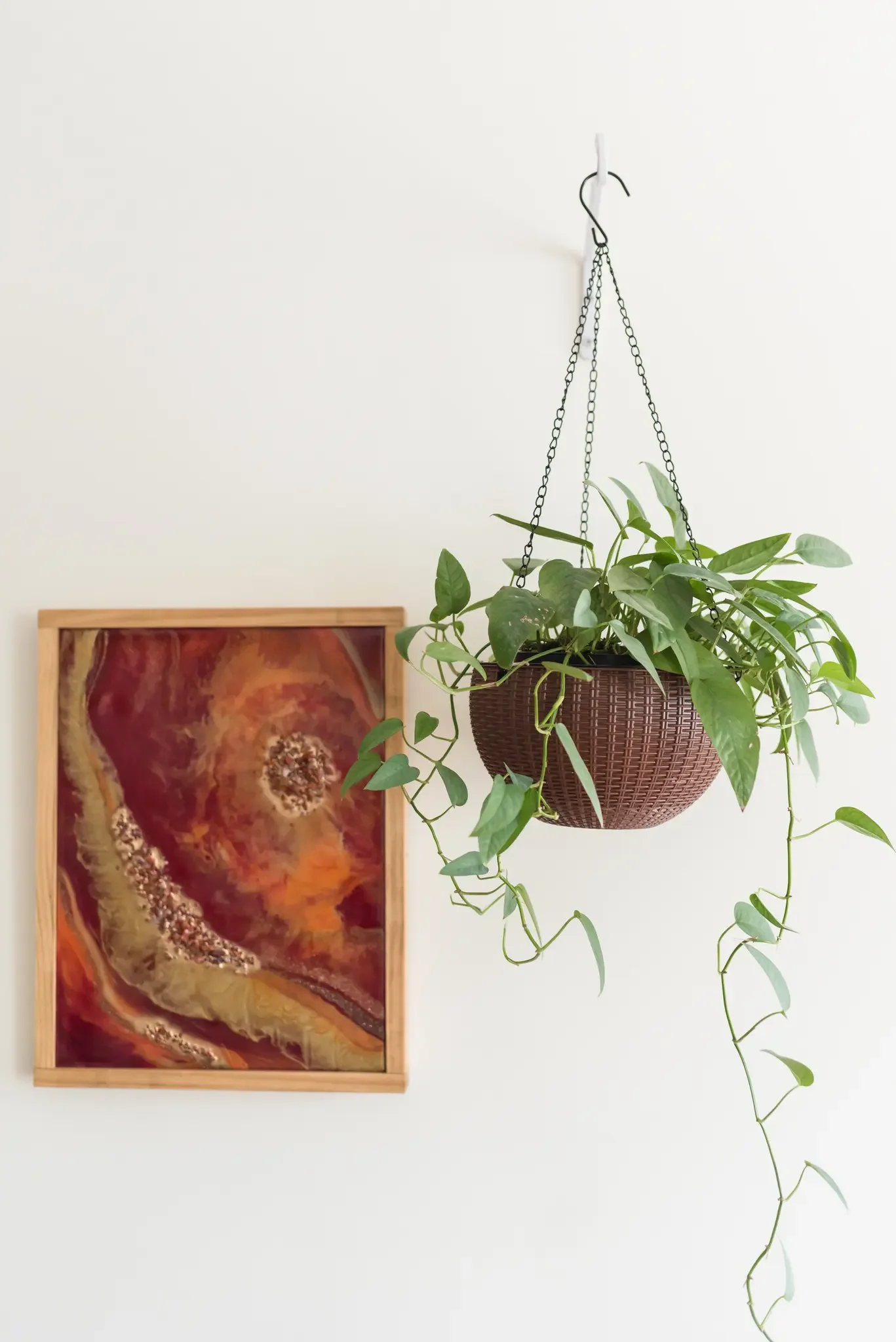 A potted green plant hanging from the ceiling with a chain and a hook, next to a framed abstract art piece on a plain white wall.