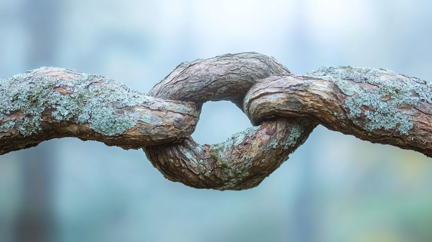 Two intertwined tree branches gradually growing apart