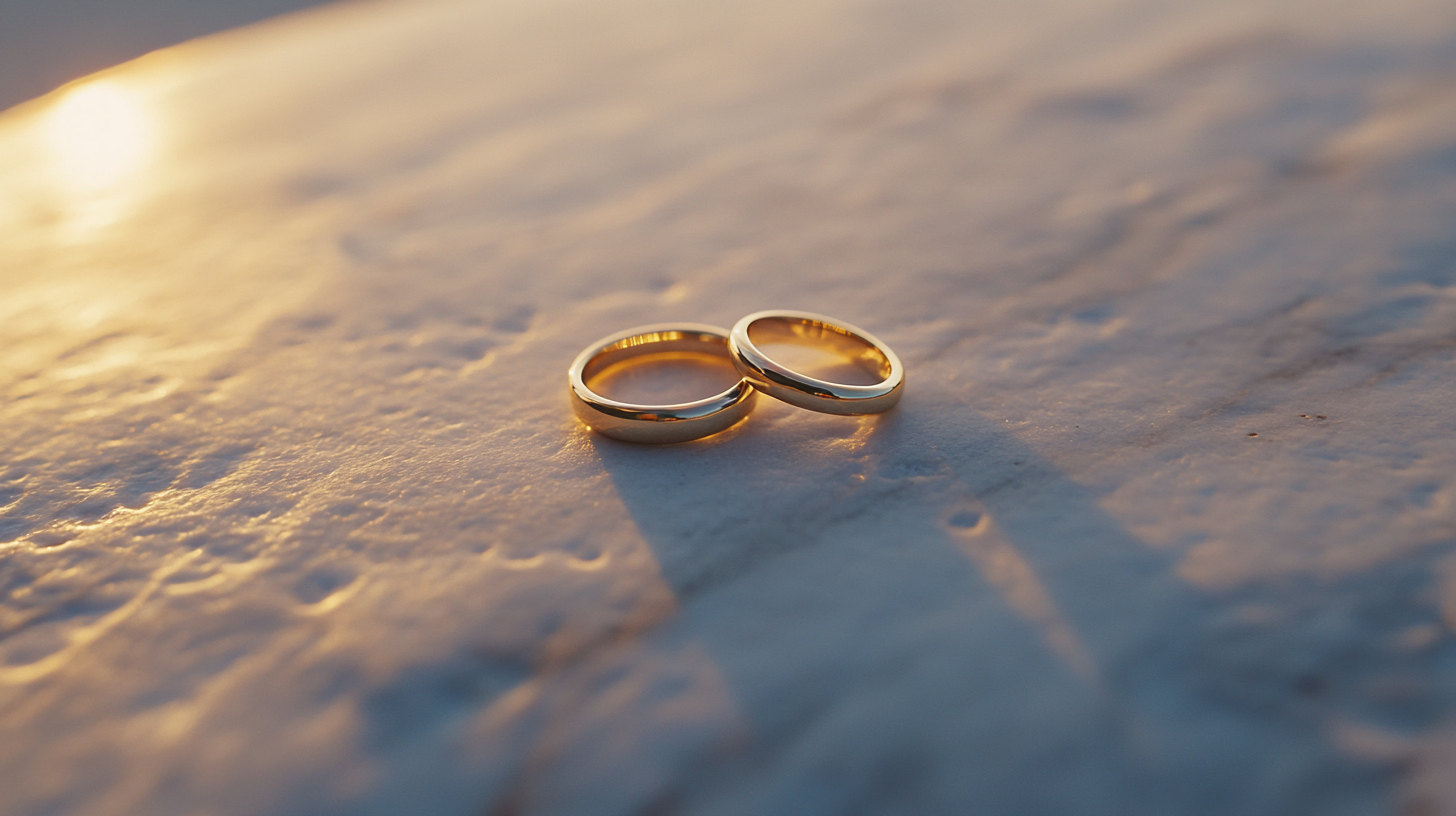 A single gold ring casting two distinct shadows at sunset