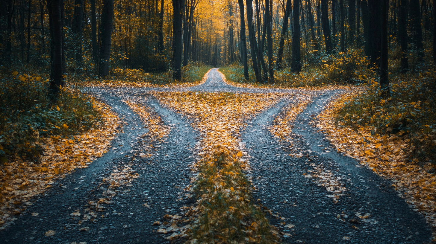 Two parallel paths diverging through autumn forest covered