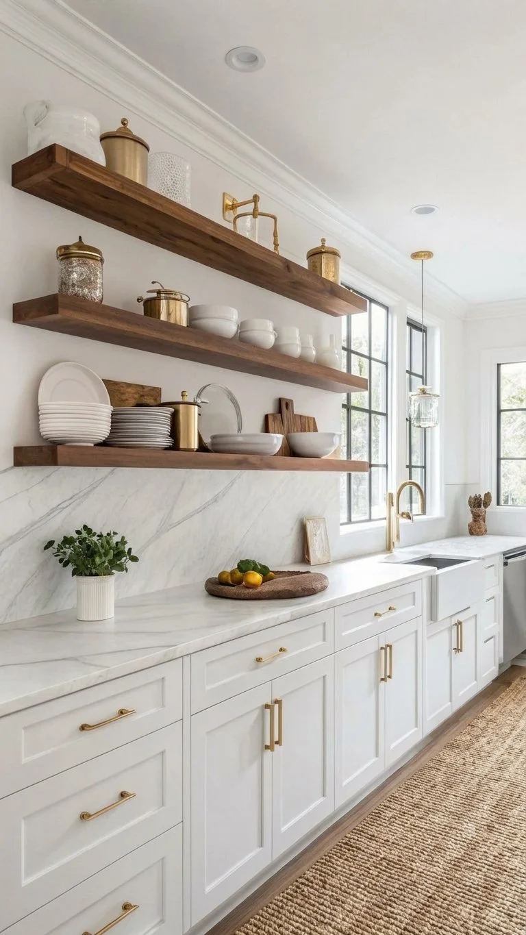 White kitchen with open shelving styled