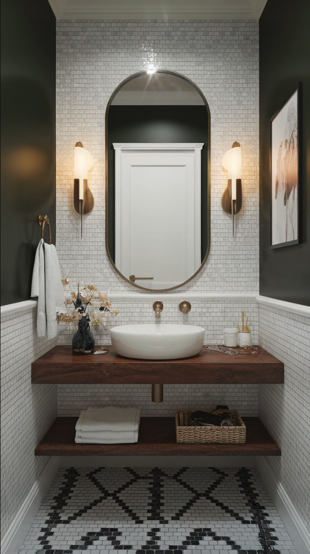 Luxury powder room with mosaic white tiles and olive green paint with brass and timber accents