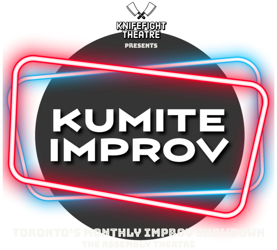 Neon-style poster for Kumite Improv, presented by Knifefight Theatre, advertising a monthly improv comedy show.