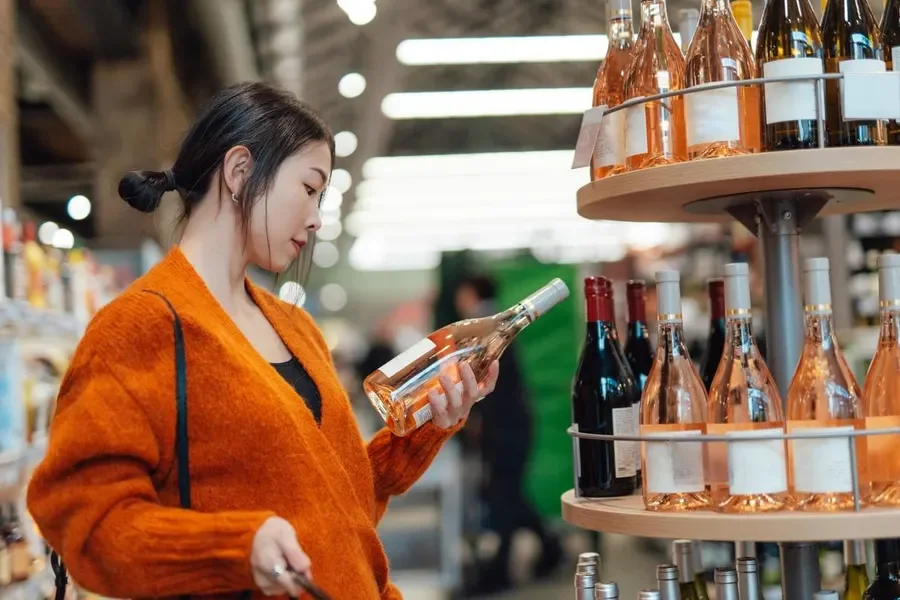 A woman with dark hair in a low bun, wearing an orange sweater, shopping for bottled beverages on a store shelf. She is holding a clear bottle, inspecting it, with shelves of wine and other drinks in the background.