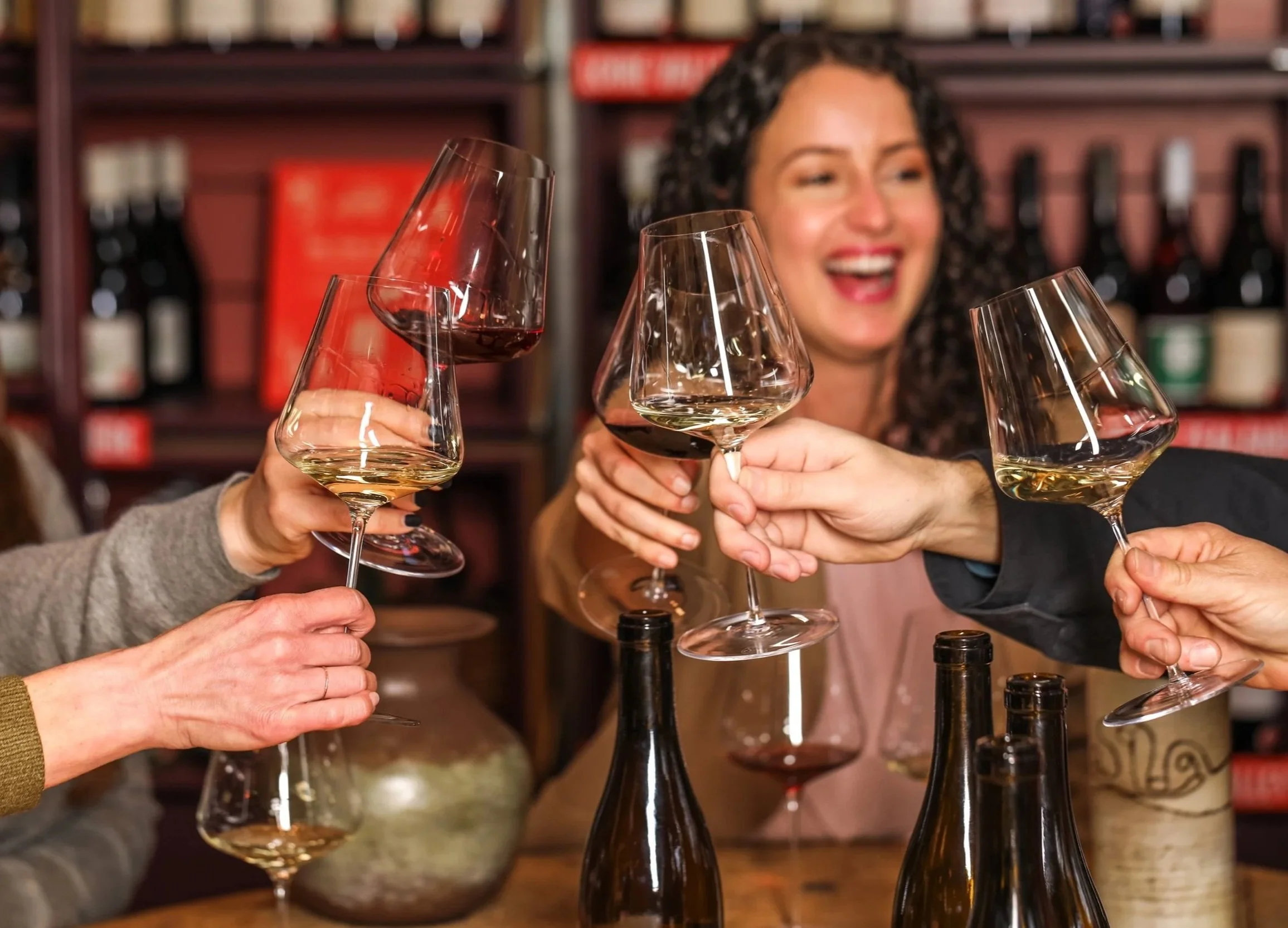 People clinking wine glasses in a celebratory toast in a wine store or bar.