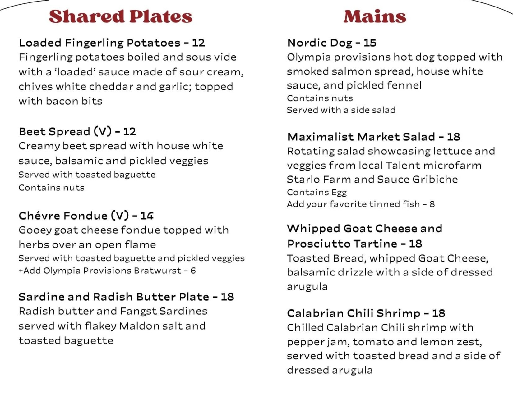 Restaurant menu section titled 'Shared Plates' and 'Mains' with various food dishes and descriptions.
