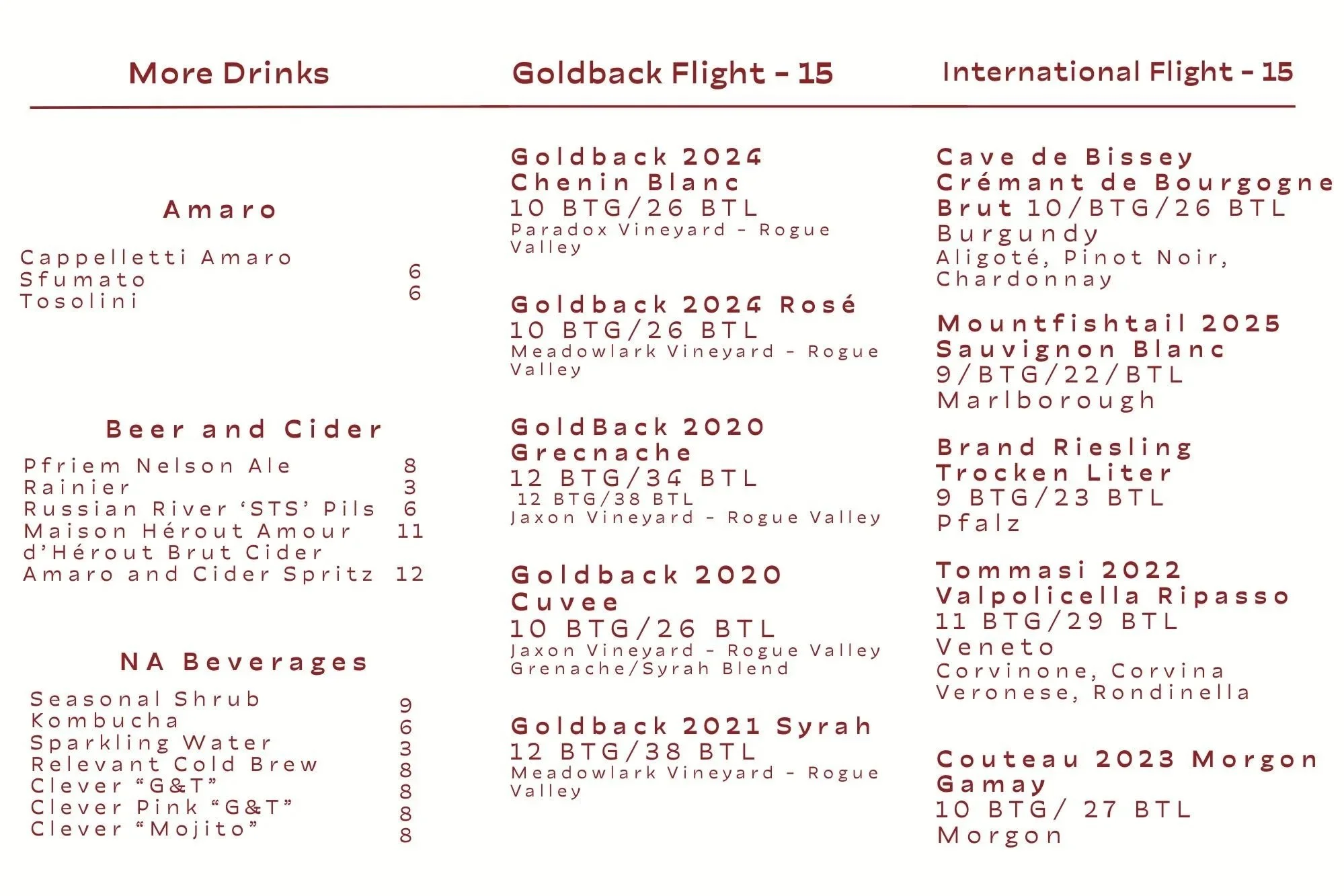 A wine menu featuring different reds, whites, rosés, and beverages with prices listed.