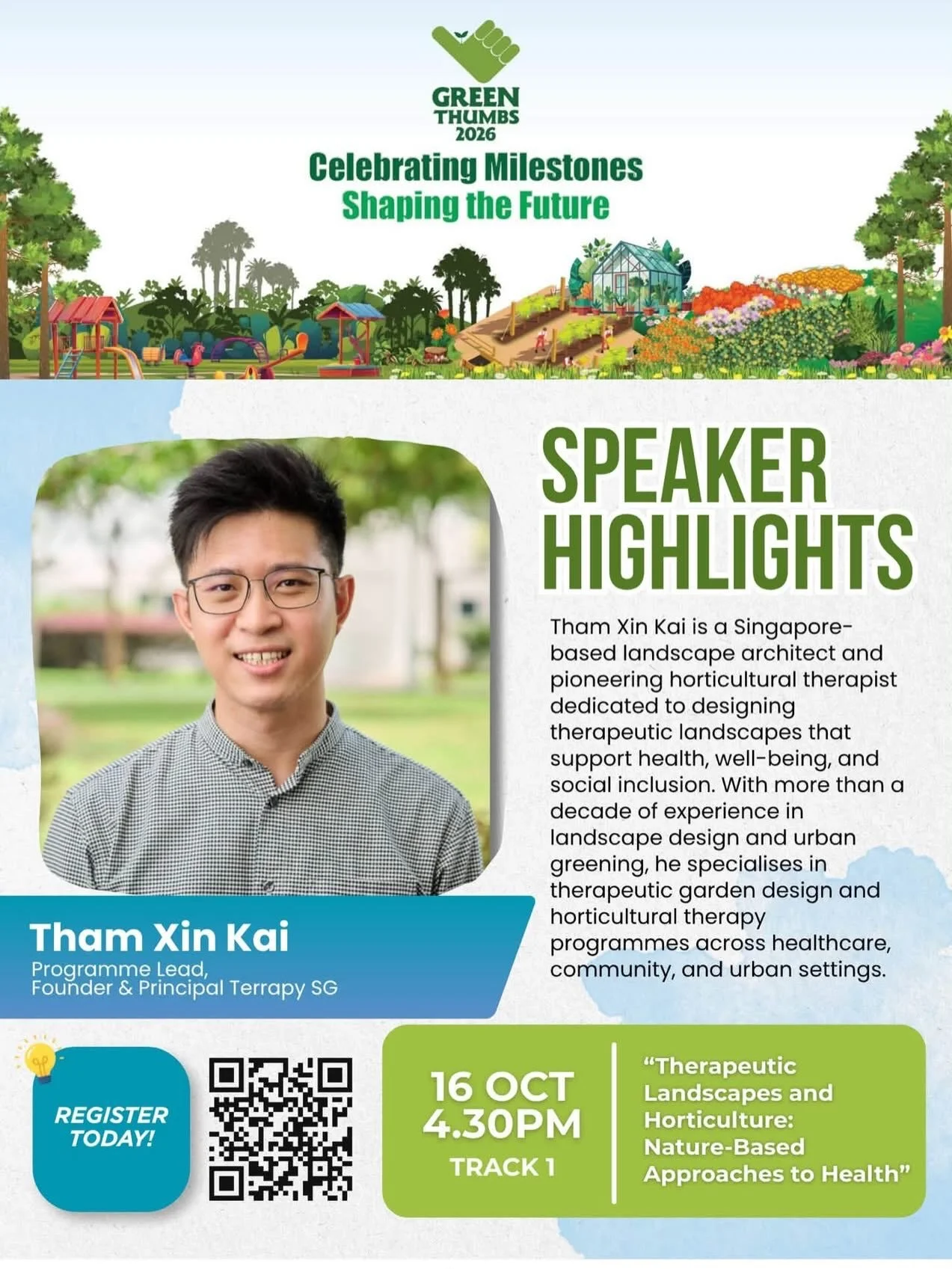 Repost from Green Thumbs 2026:

How can our parks, gardens and landscapes contribute to better health and well-being? Explore the growing role of therapeutic horticulture and nature-based approaches to health at Green Thumbs 2026.

🌱 Tan Pei Qin
Sen