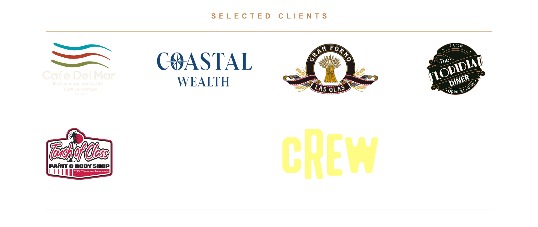 Selected clients of Timeless Productions: Café del Mar, Coastal Wealth, Gran Forno, The Floridian, Touch of Class, GamePlan, CREW, and Nike