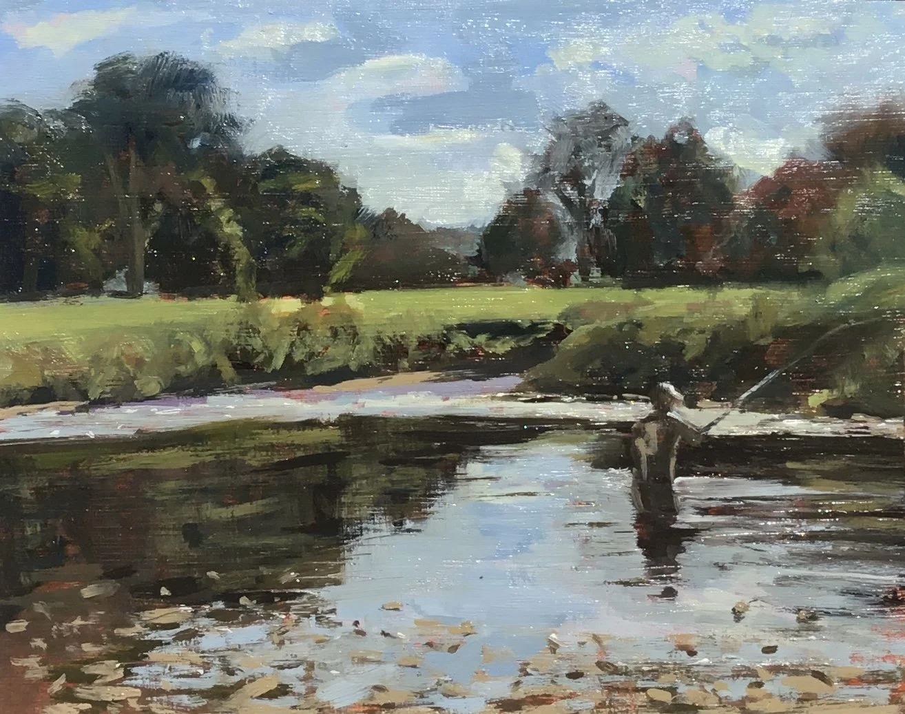 An original oil painting of Fly fishing at Chatsworth