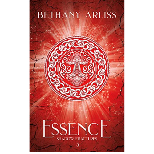 Edited by Rachel Vine at Wildflower Editorial. Book cover for "Essence: Shadow Fractures 3" by Bethany Arliss featuring a red and white ornate circular design on a cracked red background.