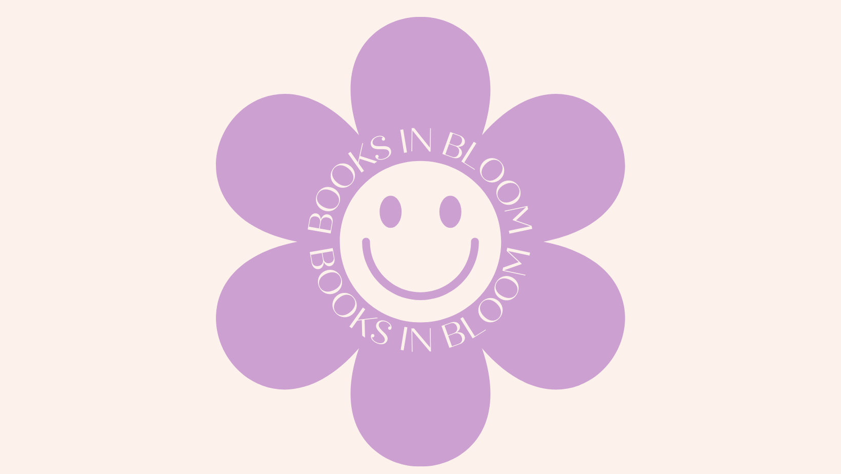 A lavender flower with a circular smiley face in the center, surrounded by the phrase "BOOKS IN BLOOM" repeated twice in a circle.