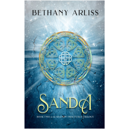 Edited by Rachel Vine at Wildflower Editorial. Book cover of "Sanda" by Bethany Arliss, featuring a circular Celtic design with intertwining patterns on a blue and gray background, labeled as "Book Two in the Shadow Fractures Trilogy."