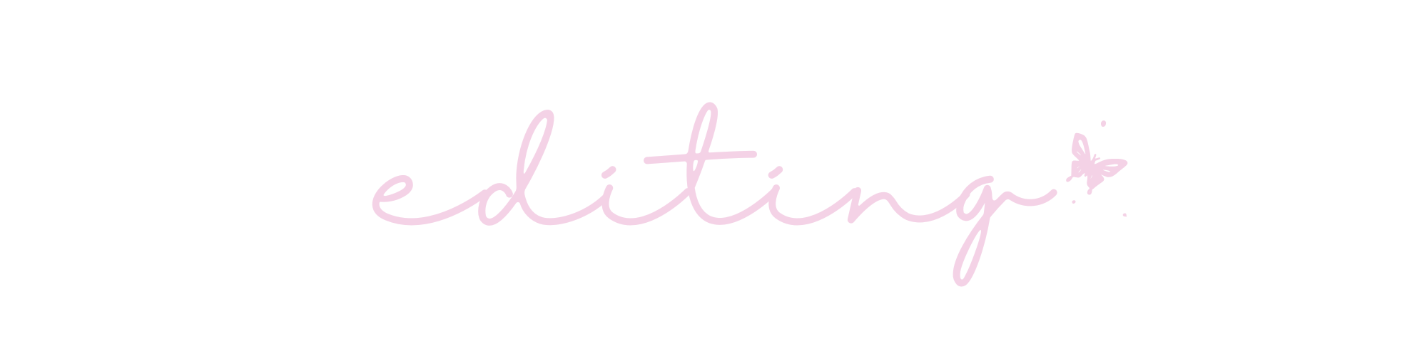 Graphic design with the word 'editing' written in cursive purple text, accompanied by small butterfly illustrations.