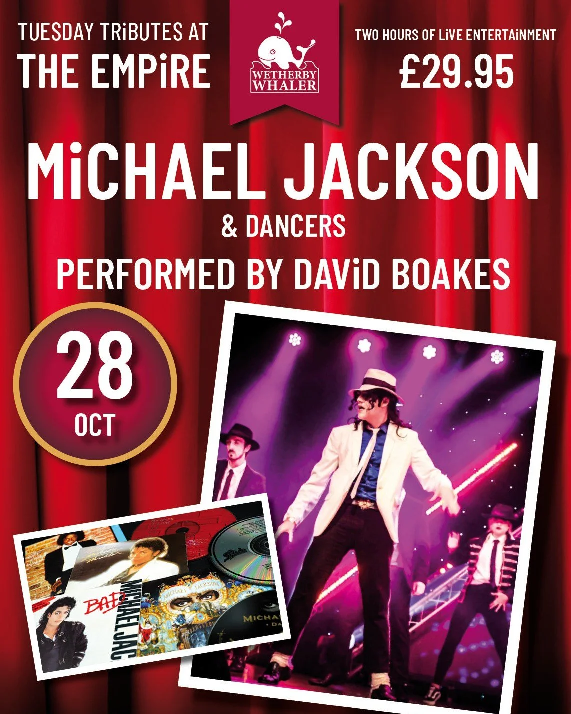 🎤🎶 Moonwalk your way to the Wetherby Whaler Outwood Empire on the 28th October for an evening with David Boakes as Michael Jackson! 🎶🎤

Tickets include the show and a two-course fish and chip meal, pick them up from Empire Outwood or call 01924 8